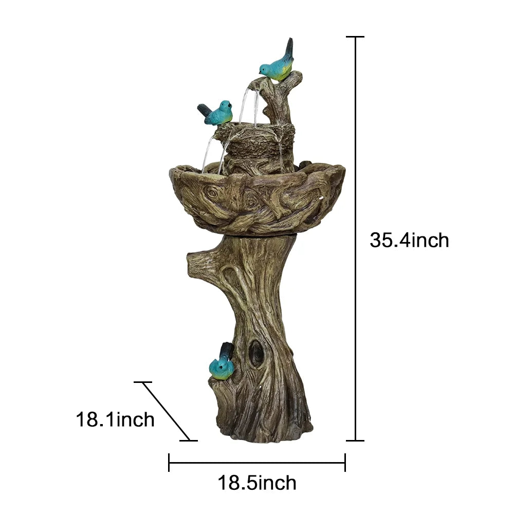 3-Tier Outdoor Water Fountain Bird Bath Patio Fountain Outdoor Stump Like Waterfall Fountain with Birds Decor Freestanding Patio Water Fountain Pump for Garden Yard Patio Porch