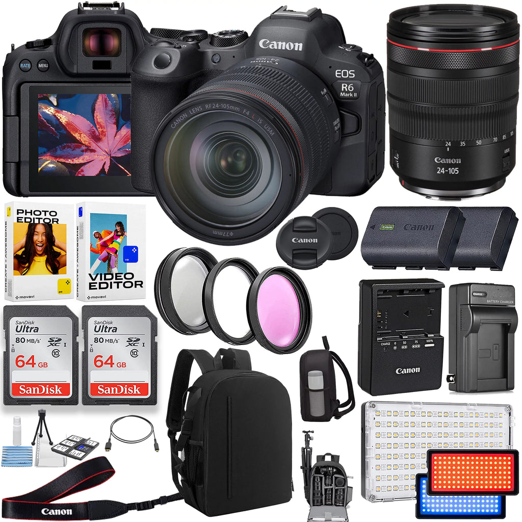 EOS R6 Mark II Mirrorless Camera with  RF 24-105mm f/4 L IS USM Lens + 2pc 64GB Memory Cards + LED Video Light + Spare Battery + Case & More