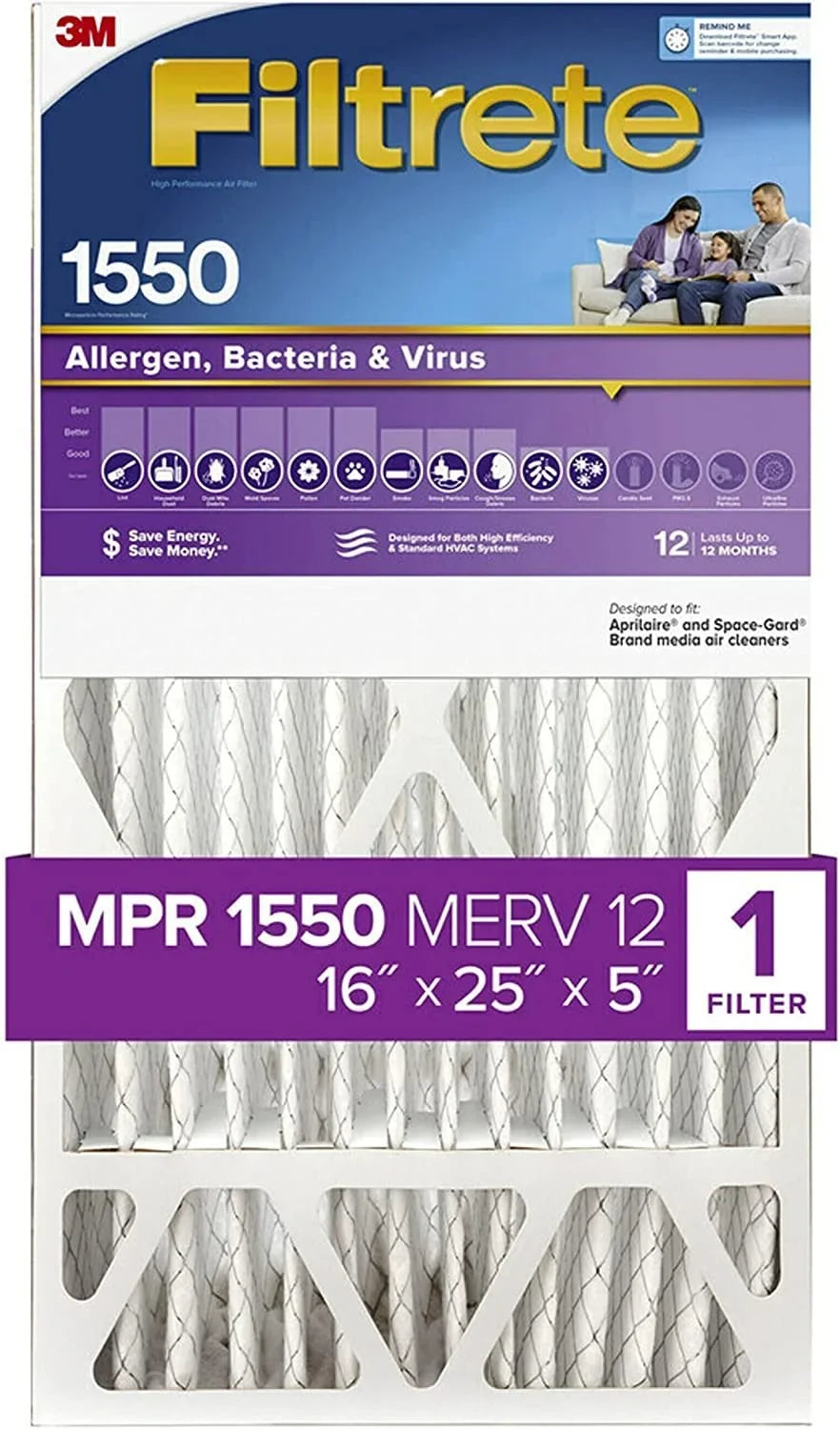 Filtrete 16x25x5, AC Furnace Air Filter, MPR 1550 DP, Healthy Living Ultra Allergen Deep Pleat, 1-Pack actual dimensions 15.75 x 24.13 x 4.88