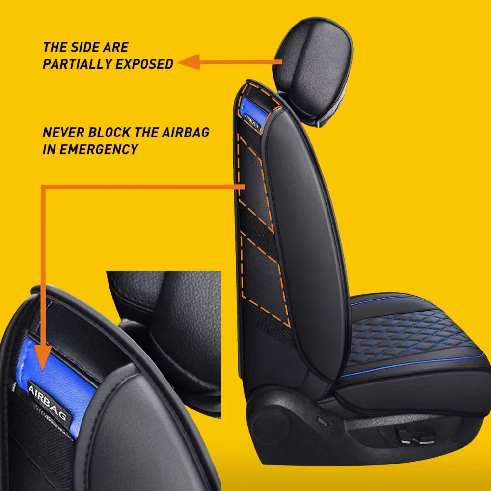 Car Seat Covers Full Set with Waterproof Leather Fit for 2009 to 2023 Ford F150 and 2017 to 2023 F250 F350 F450,Double,Extended Cab or Pickup Truck(Full Set, Black-Blue)