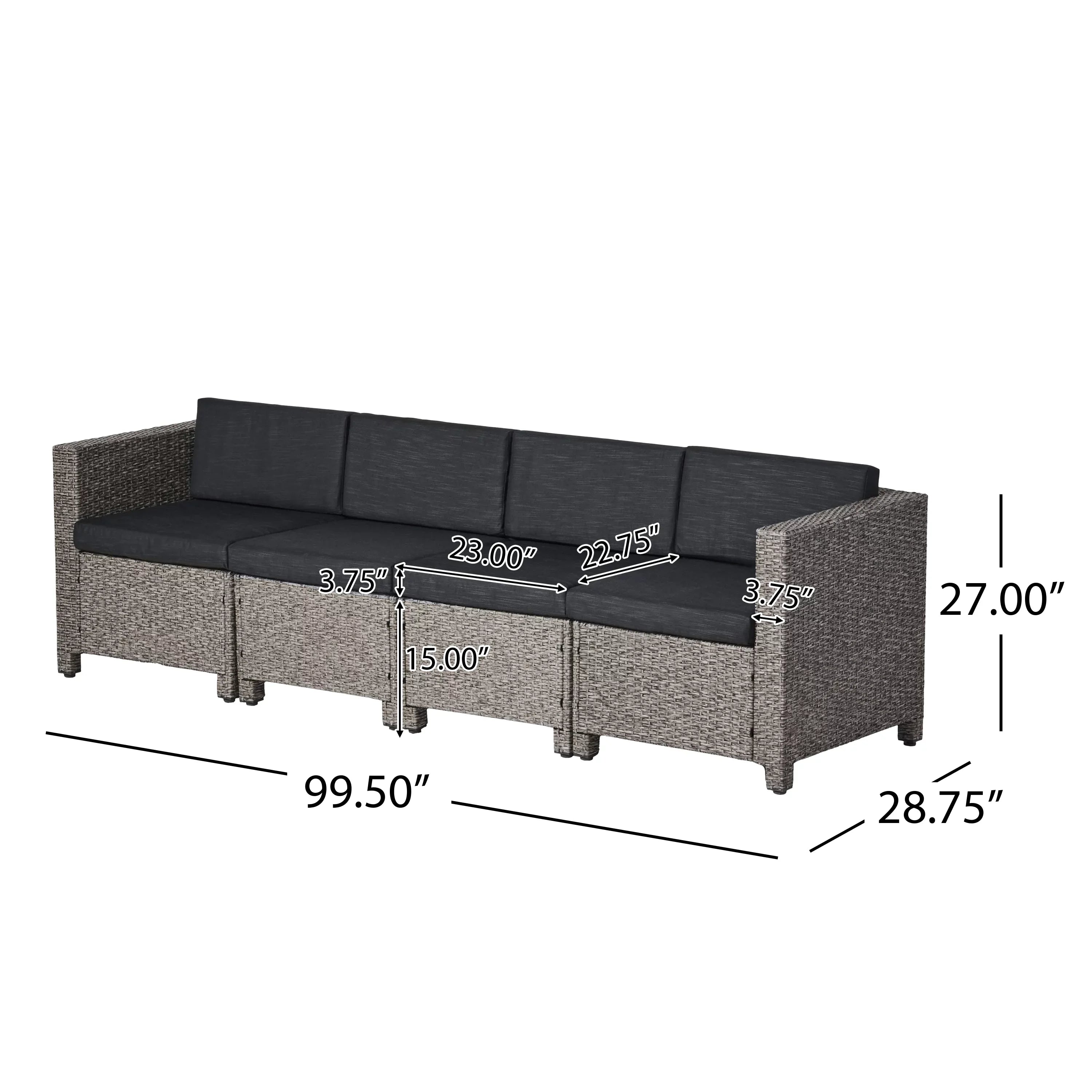 GDF Studio Venice Outdoor Wicker 4 Seater Sectional Sofa with Cushions, Mixed Black and Dark Gray