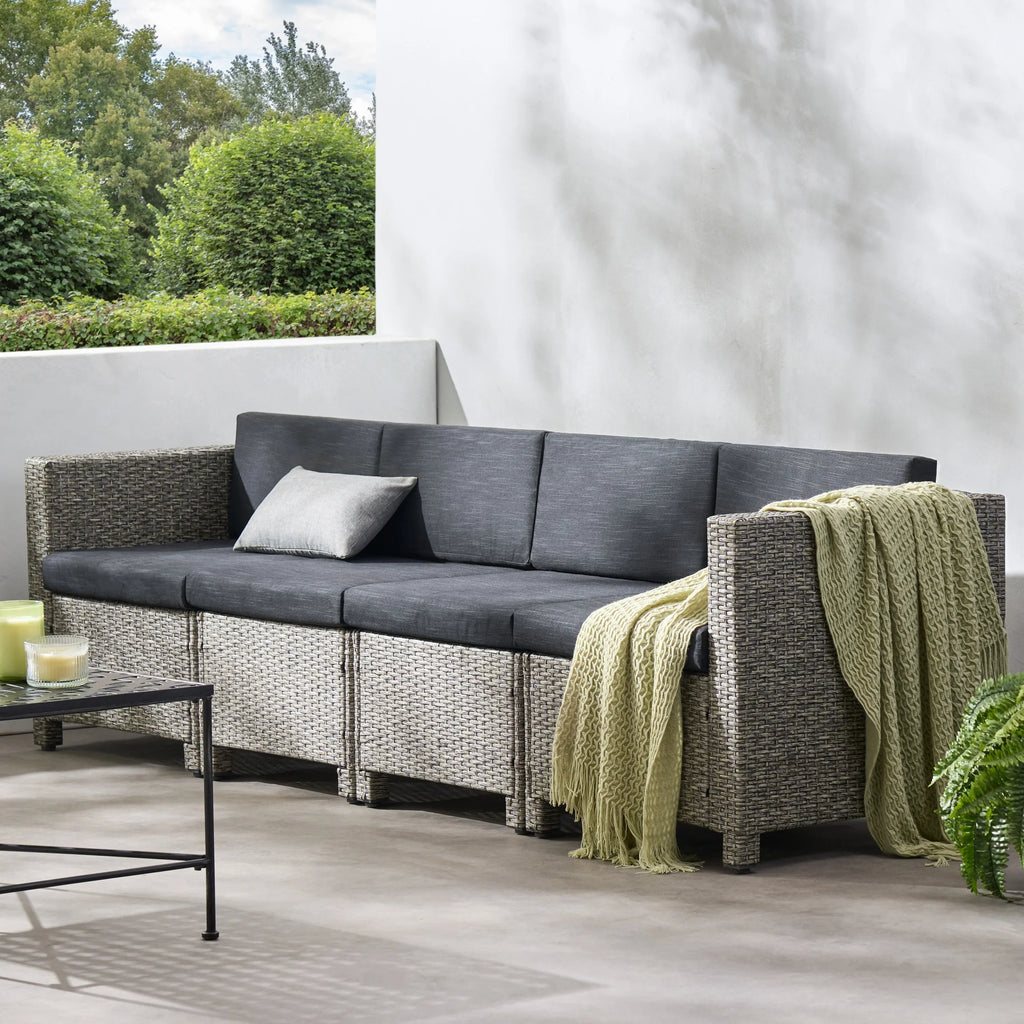 GDF Studio Venice Outdoor Wicker 4 Seater Sectional Sofa with Cushions, Mixed Black and Dark Gray