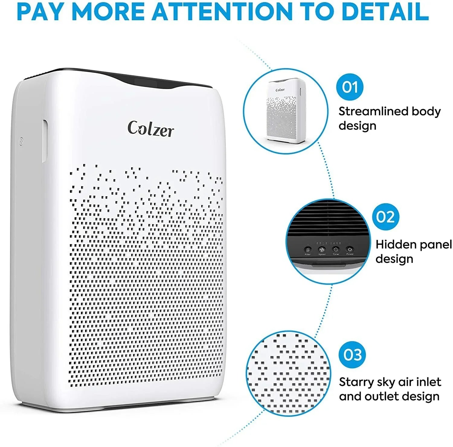 Open Box COLZER Air Purifier for Home Large Room with True HEPA Filter EPI-186 - WHITE