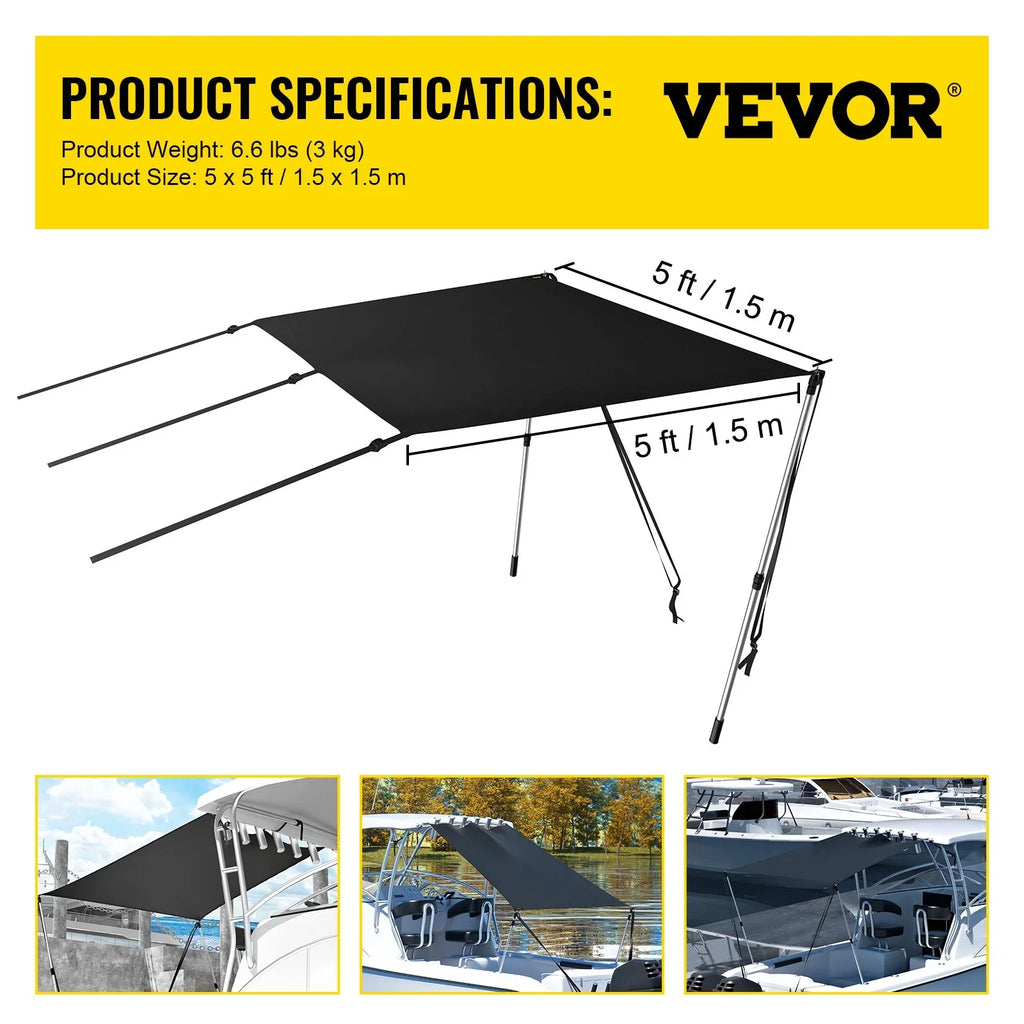 VEVOR 5'x5' UV-Proof T-Top Sun Shade Kit - 600D Polyester with Rustproof Telescopic Steel Poles, Waterproof, Easy Assembly for T-Tops & Bimini Tops