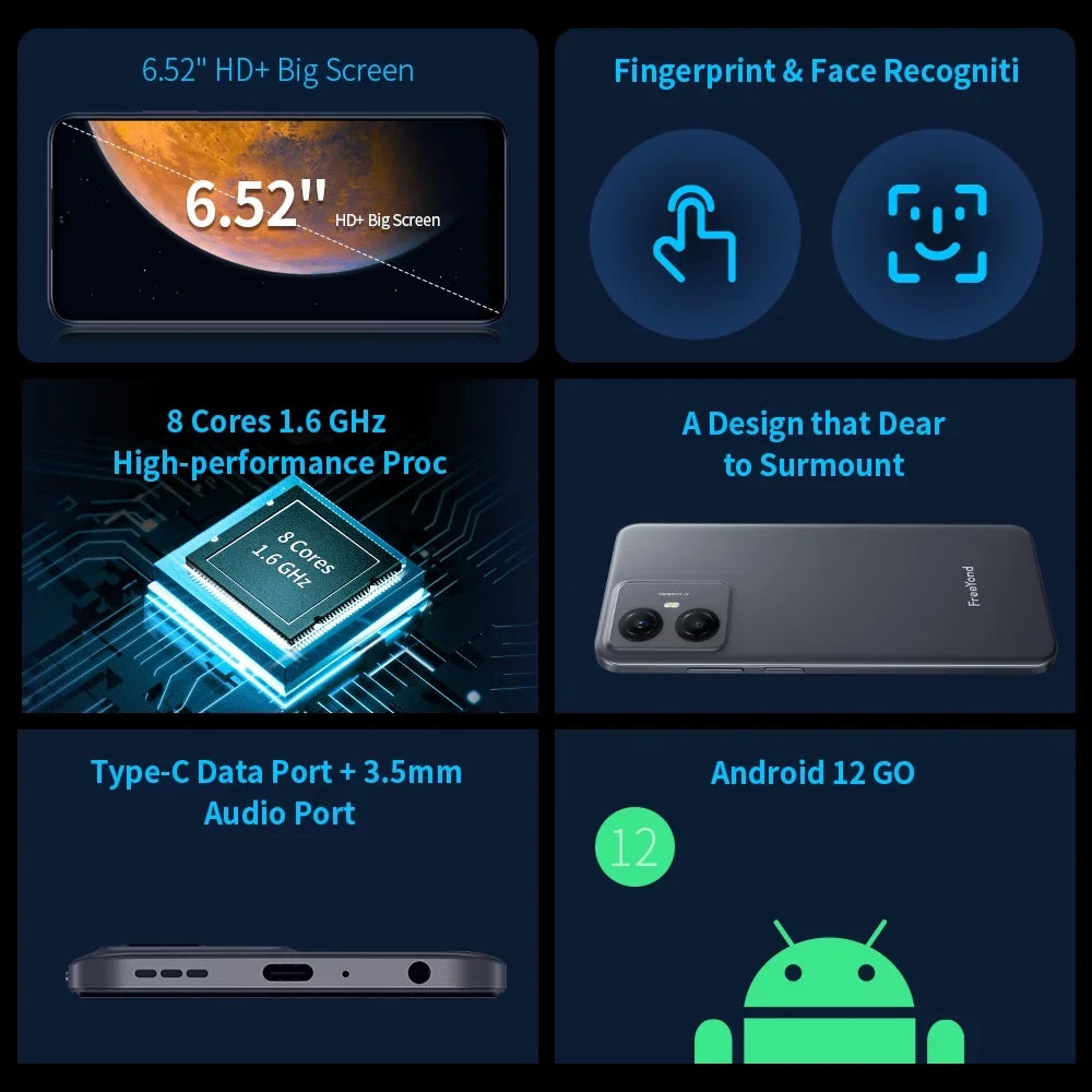 FreeYond F9 Smartphone, HD+6.52" Display Dual Sim, Battery 5000 MAh, 64GB/128GB Rom, Real Dual Camera 13+8MP With 2MP Macro(Blue)
