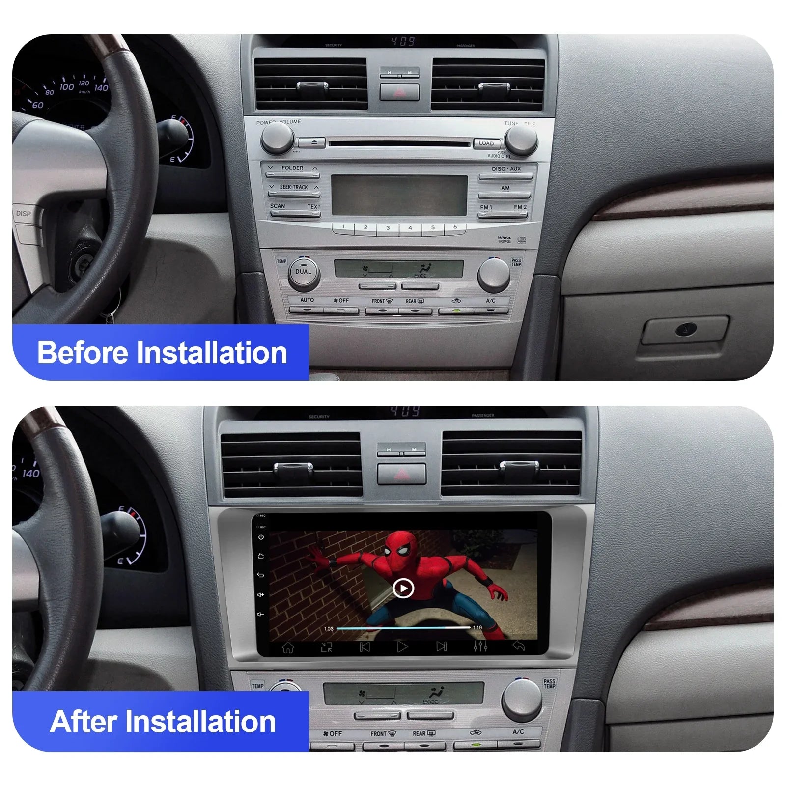 2+32G Android 10 Double Din Car Stereo for Toyota Carmy 2006-2011 with 9 Inch Touchdisplay Radio Built-in Wireless Carplay/Android Auto/GPS/Bluetooth/FM/AUX-in/Steering Wheel Control/Backup Camera