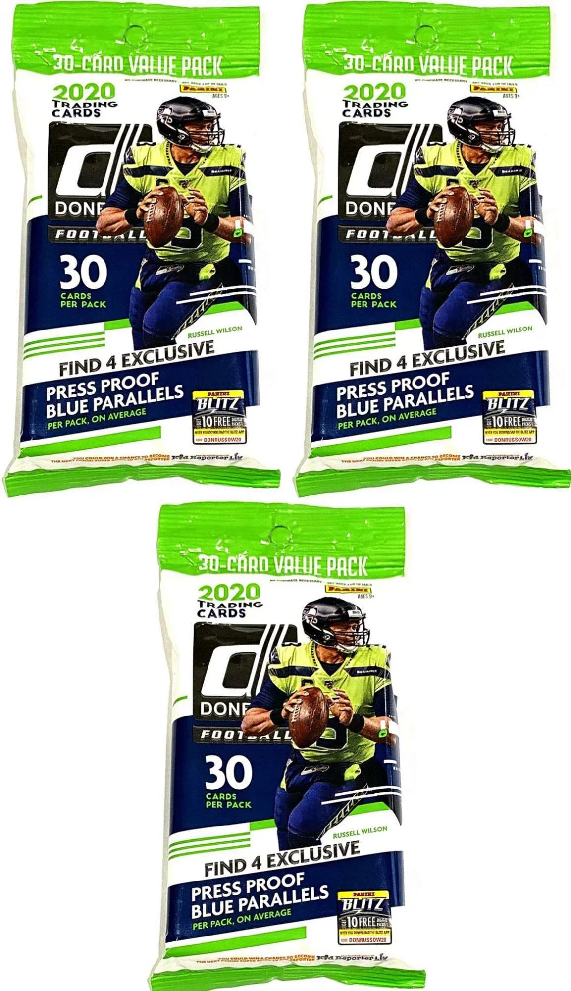 NFL Panini 2020 Donruss Football LOT of 3 Trading Card VALUE Packs (30 Cards Per Pack!)