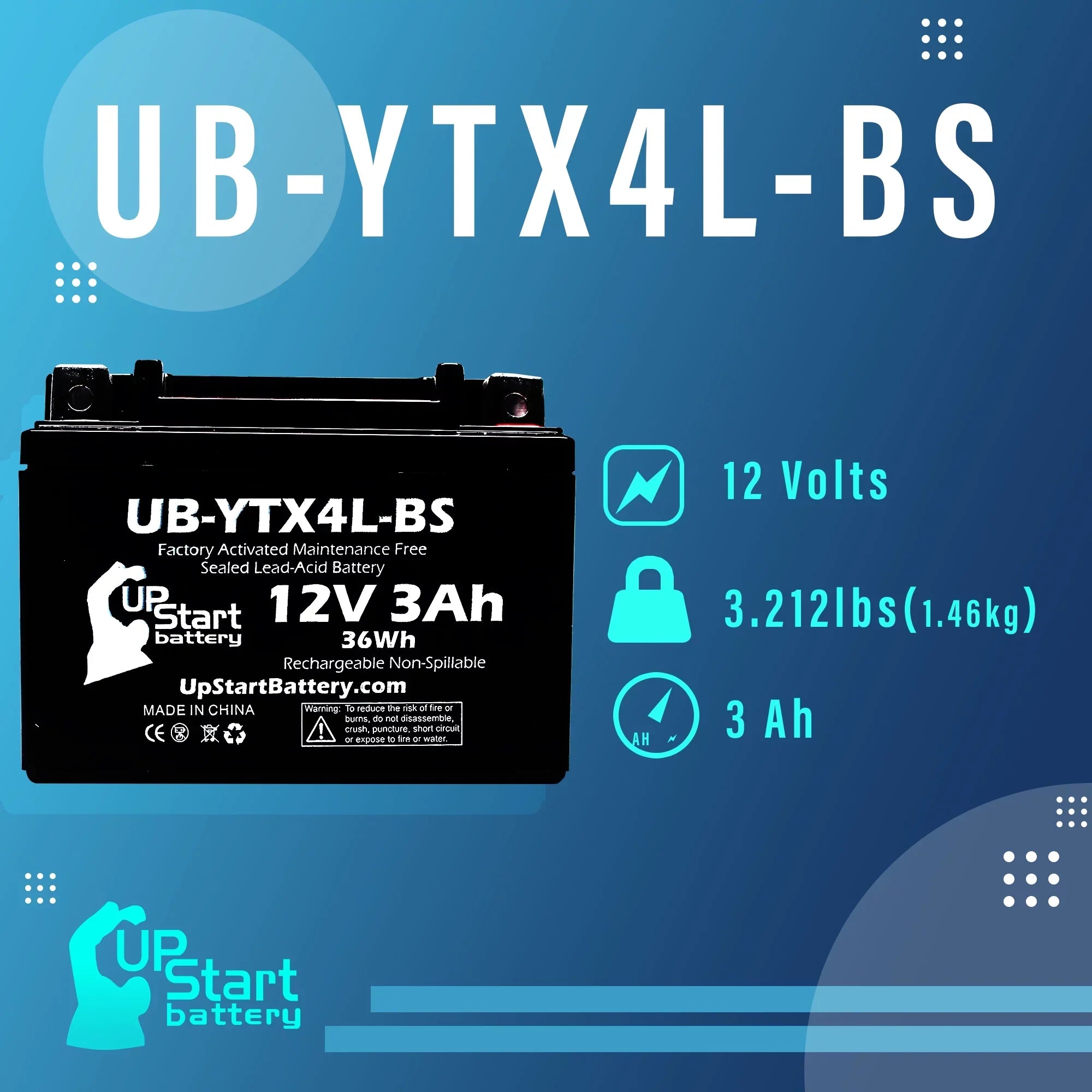4-Pack UpStart Battery Replacement for 2004 Bombardier (Can-Am) DS90, DS90F, Quest 90CC Factory Activated, Maintenance Free, ATV Battery - 12V, 3Ah, UB-YTX4L-BS
