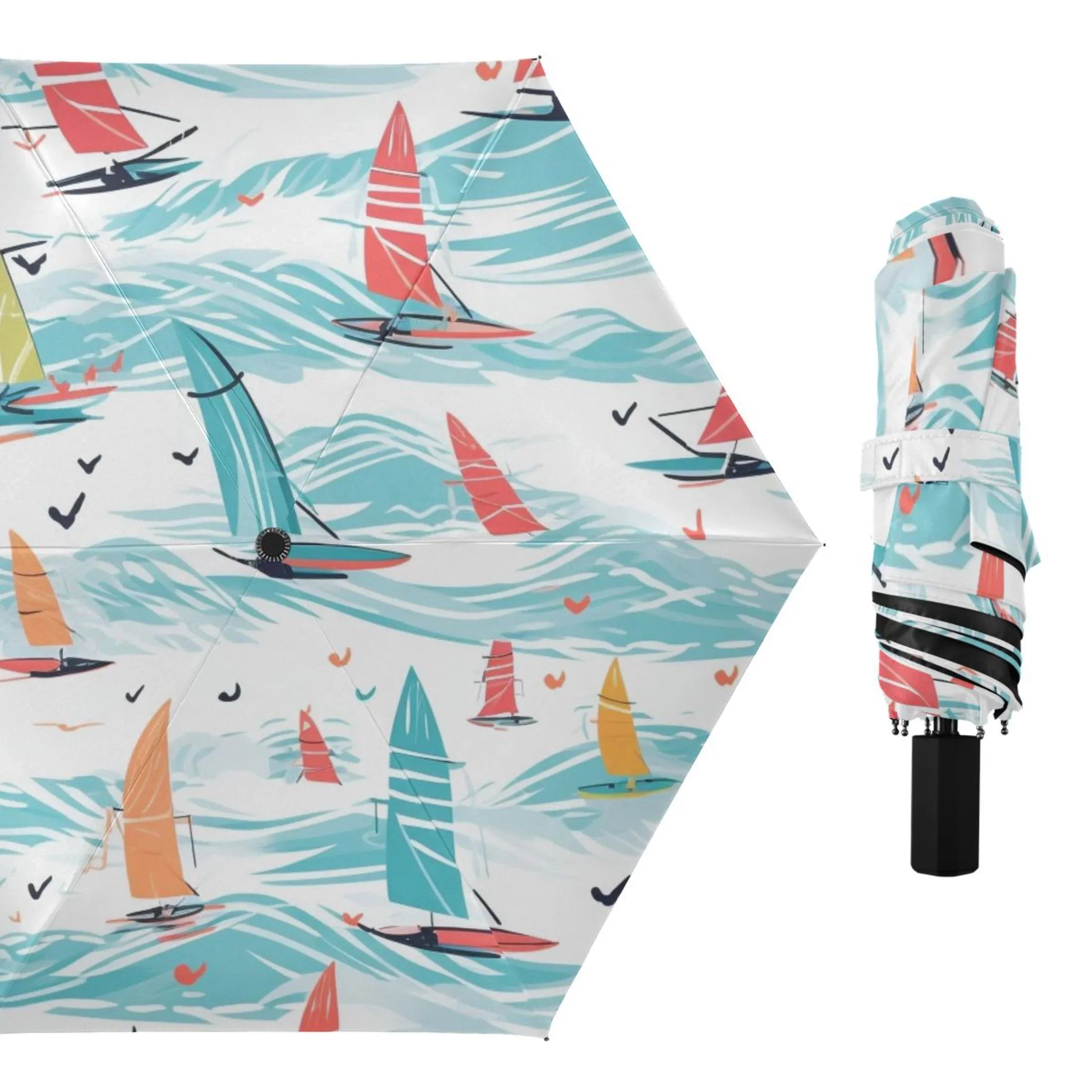 Sailboat on Sea Compact Folding Umbrella for Rain Windproof Travel Umbrella UPF 50+ Lightweight Packable Arc Size