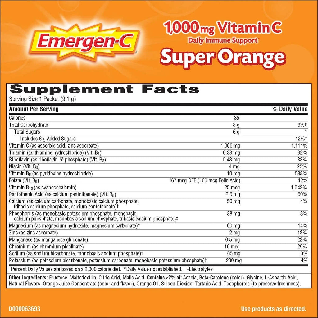 Emergen-C Vitamin C 1,000 mg. Super Orange Flavor Drink Mix, 90 Packets