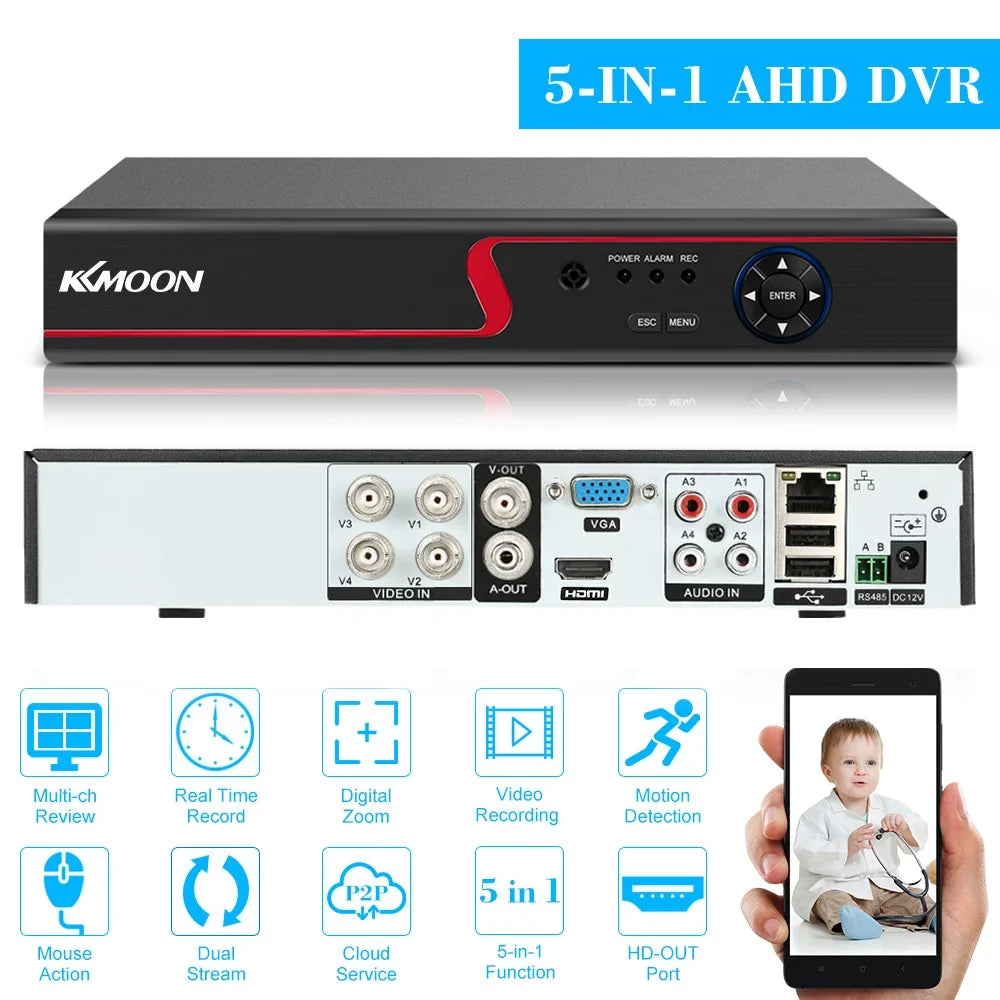 KKmoon 4CH 1080P Full High Definition AHDAnalogTVICVI/ DVR CCTV Digital Video Recorder DVR P2P Remote Phone Monitoring for Home office System kit (NO HDD) Plug
