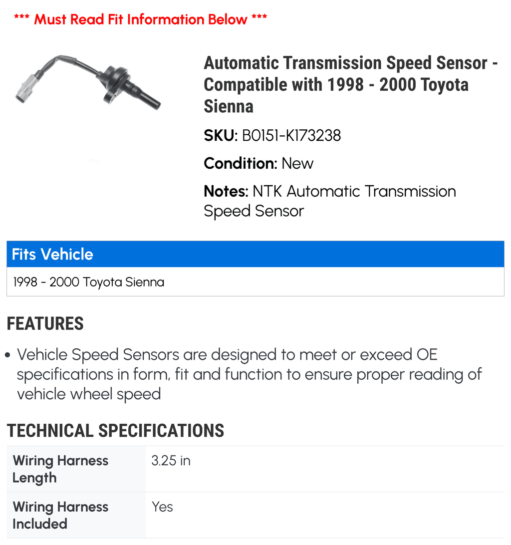 Automatic Transmission Speed Sensor - Compatible with 1998 - 2000 Toyota Sienna 1999