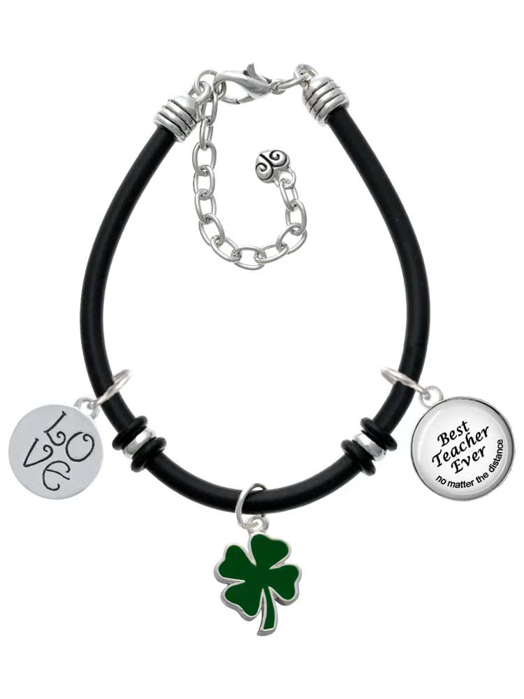 Delight Jewelry Silvertone Two Sided Green Enamel Lucky Four Leaf Clover Dome Best Teacher Ever Black Rubber Charm Bracelet