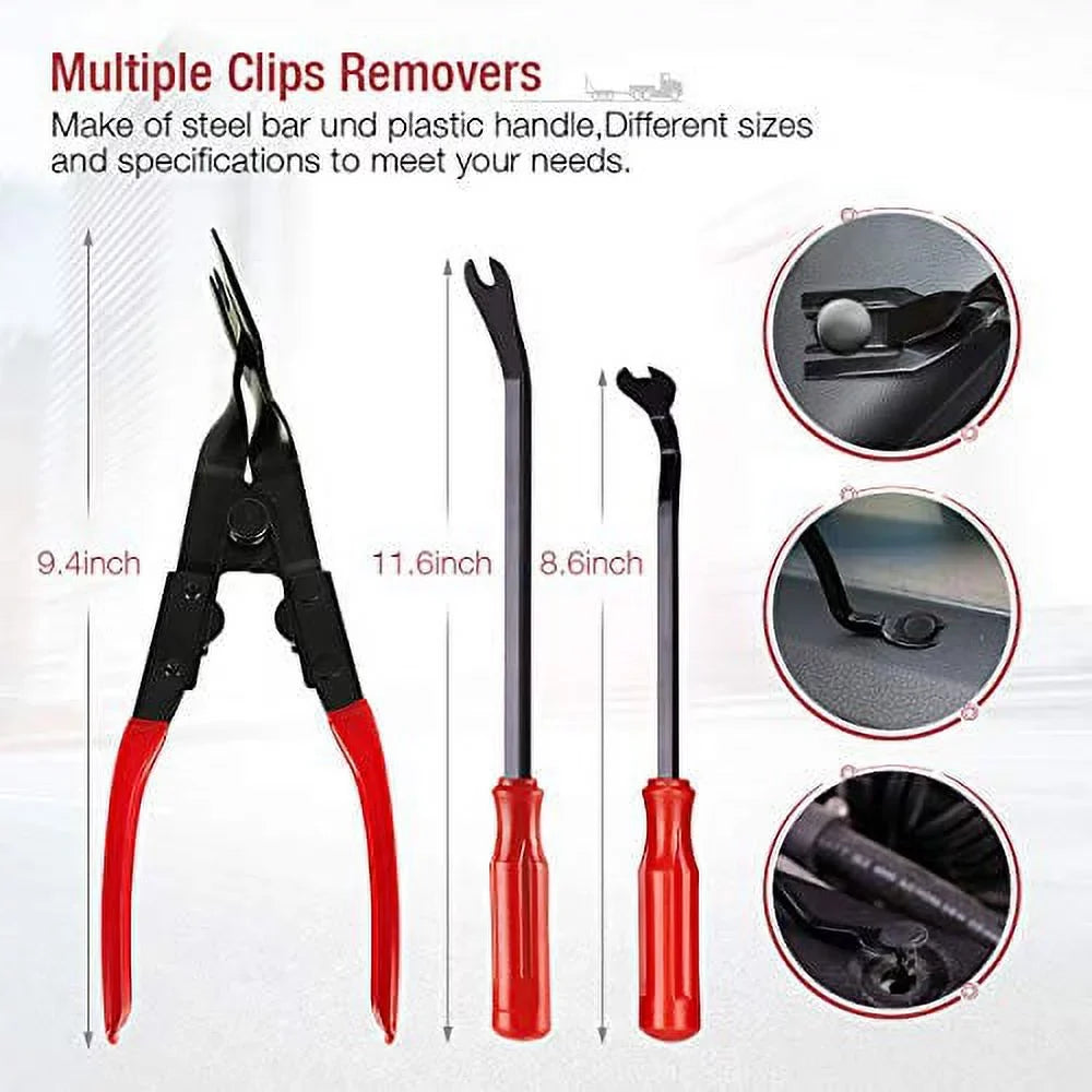 BYNIIUR 88 Pcs Trim Removal Tool, Fastener Remover Tool Kit Automotive Interior Plastic Pry Kit, Car Door Panel Tool Radio Auto Clip Pliers Removal Tool Kit, Red