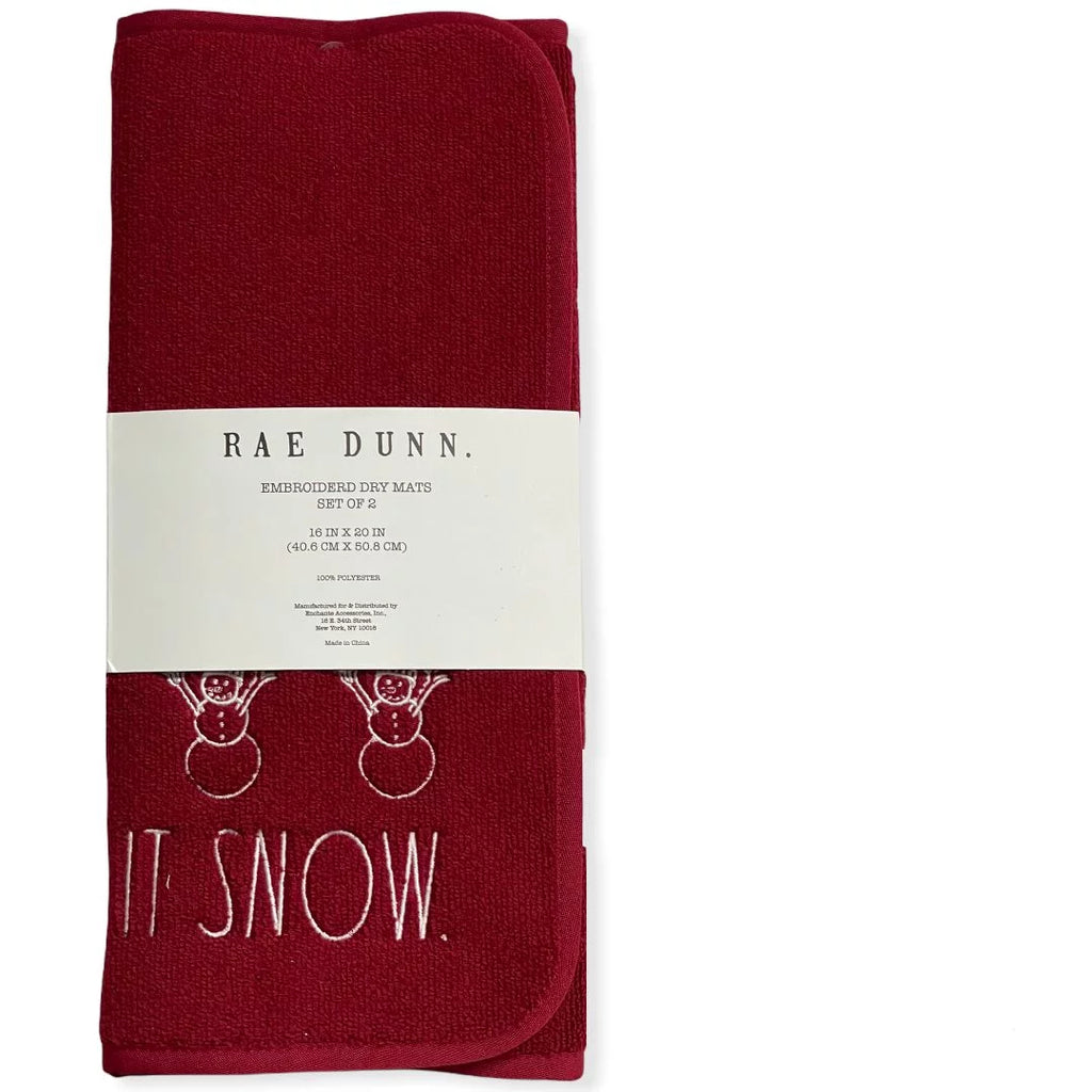 Rae Dunn Red LET IT SNOW Embroidered Dry Mats 16" x 20" - Set of 2