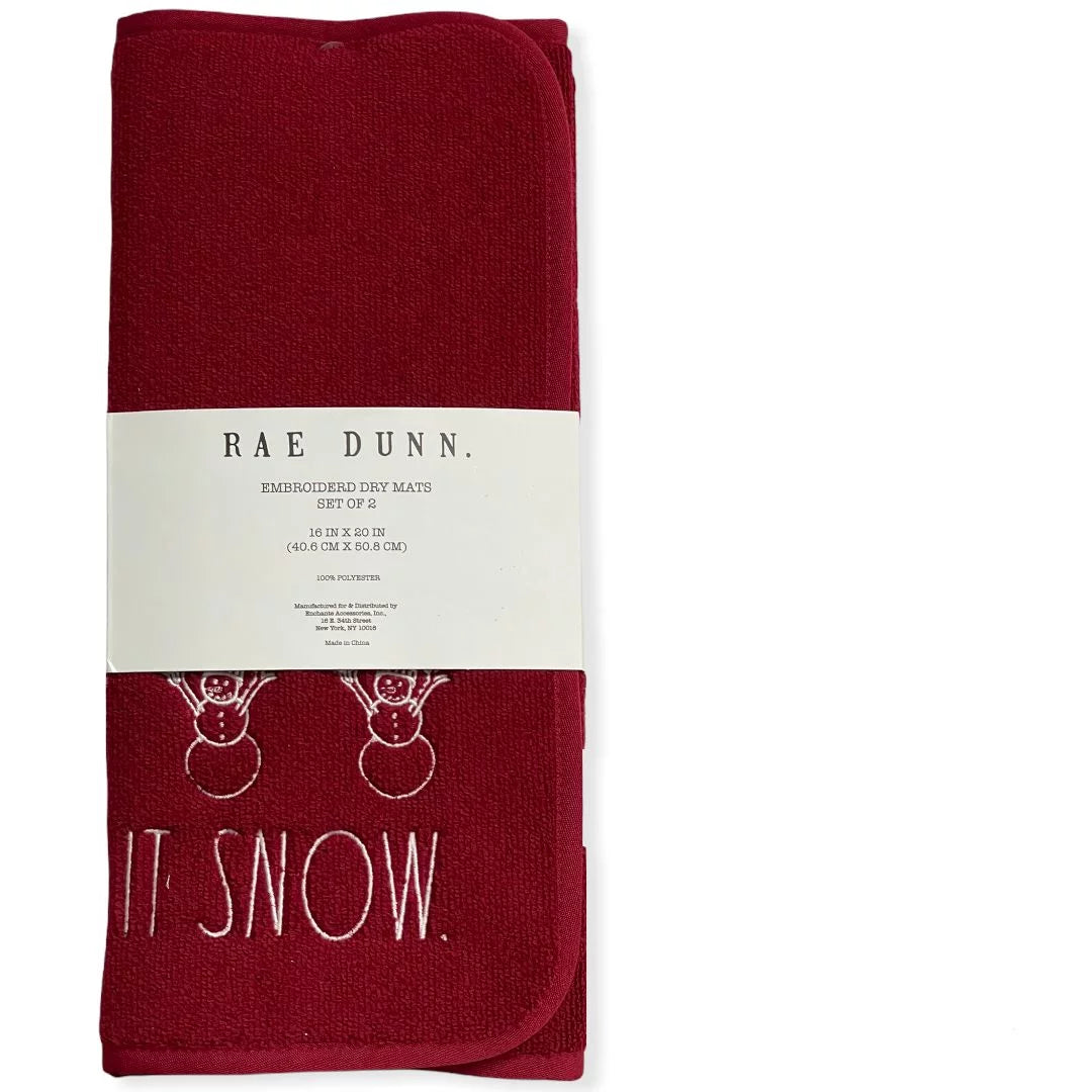 Rae Dunn Red LET IT SNOW Embroidered Dry Mats 16" x 20" - Set of 2
