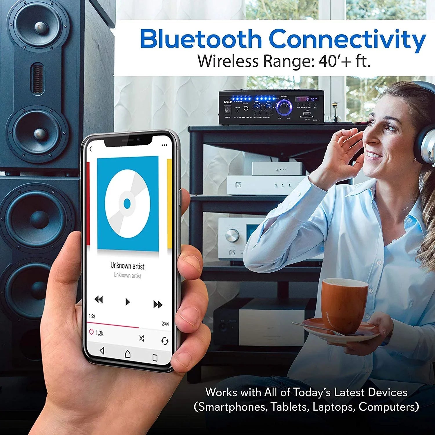 Pyle PCAU46BA Bluetooth Home Audio Amplifier System w/ Blue LED Display