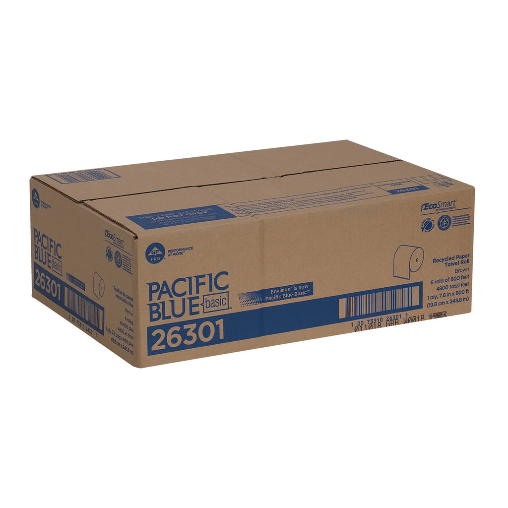 Pacific Blue Basic™ Recycled Hardwound Paper Towel Rolls, 26301, Brown, 6 Count (800 Feet/Roll)