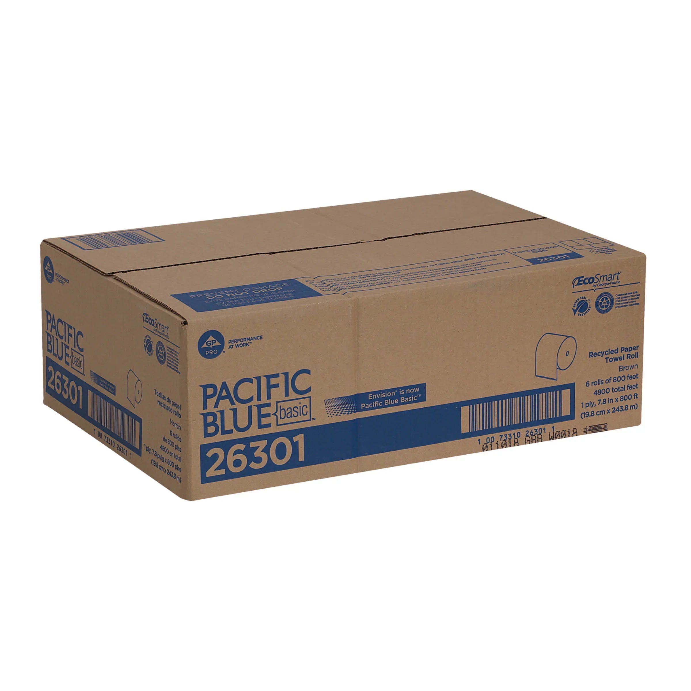 Pacific Blue Basic™ Recycled Hardwound Paper Towel Rolls, 26301, Brown, 6 Count (800 Feet/Roll)