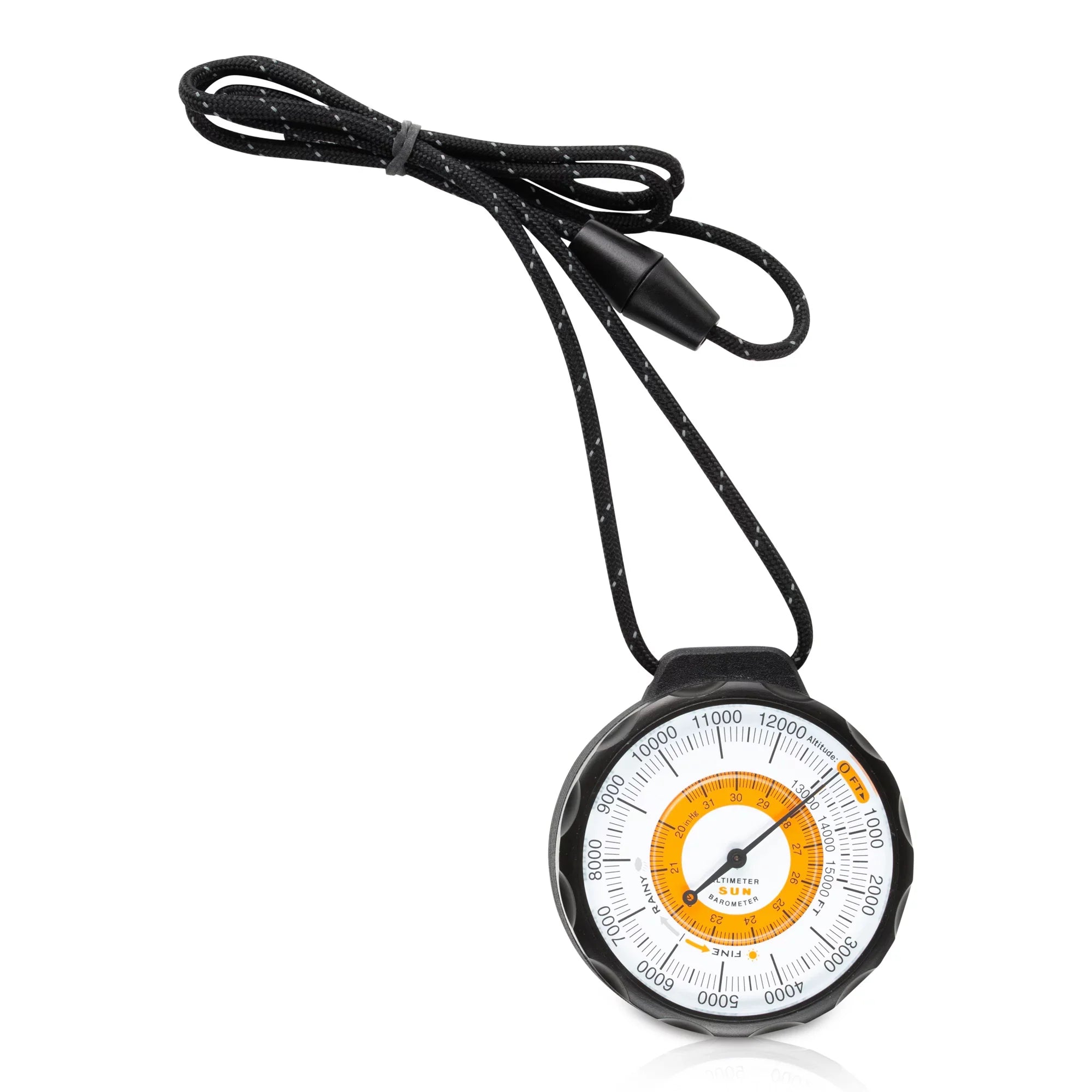 Sun Company Ascent Altimeter - Battery-Free Altimeter and Barometer | Weather-Trend Indicator with Rugged Aluminum Case and Reflective Lanyard | Reads Altitude from 0 to 15,000 Feet