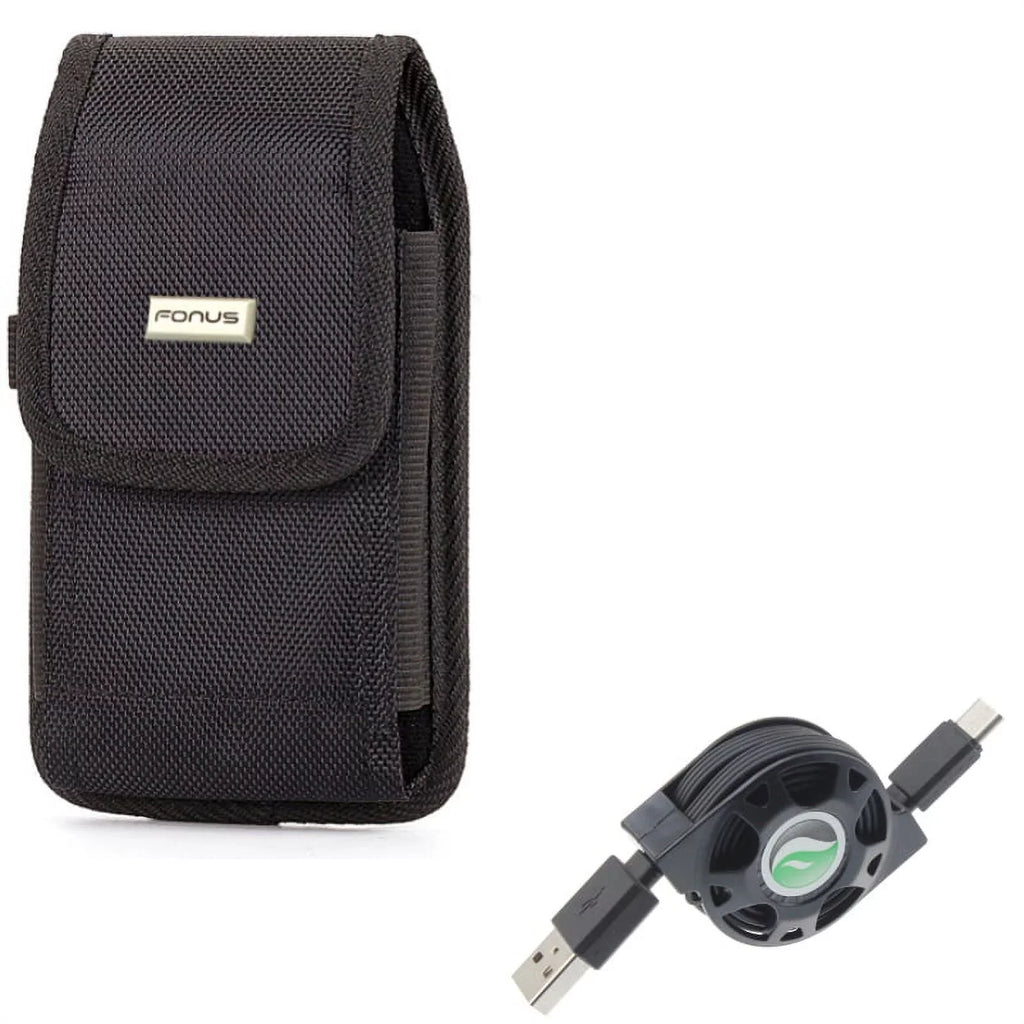 Rugged Durable Canvas Case Holster Metal Belt Clip w Black Type-C Retractable USB Cable Charger Power Wire Sync Y1G for ZTE Axon 9 Pro