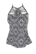 Island Escape Black White Diamond Bay High-Neck Macrame Tankini Top 12