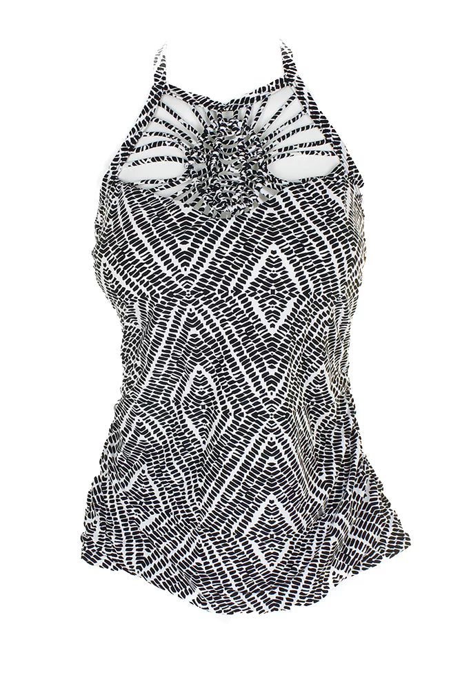 Island Escape Black White Diamond Bay High-Neck Macrame Tankini Top 12