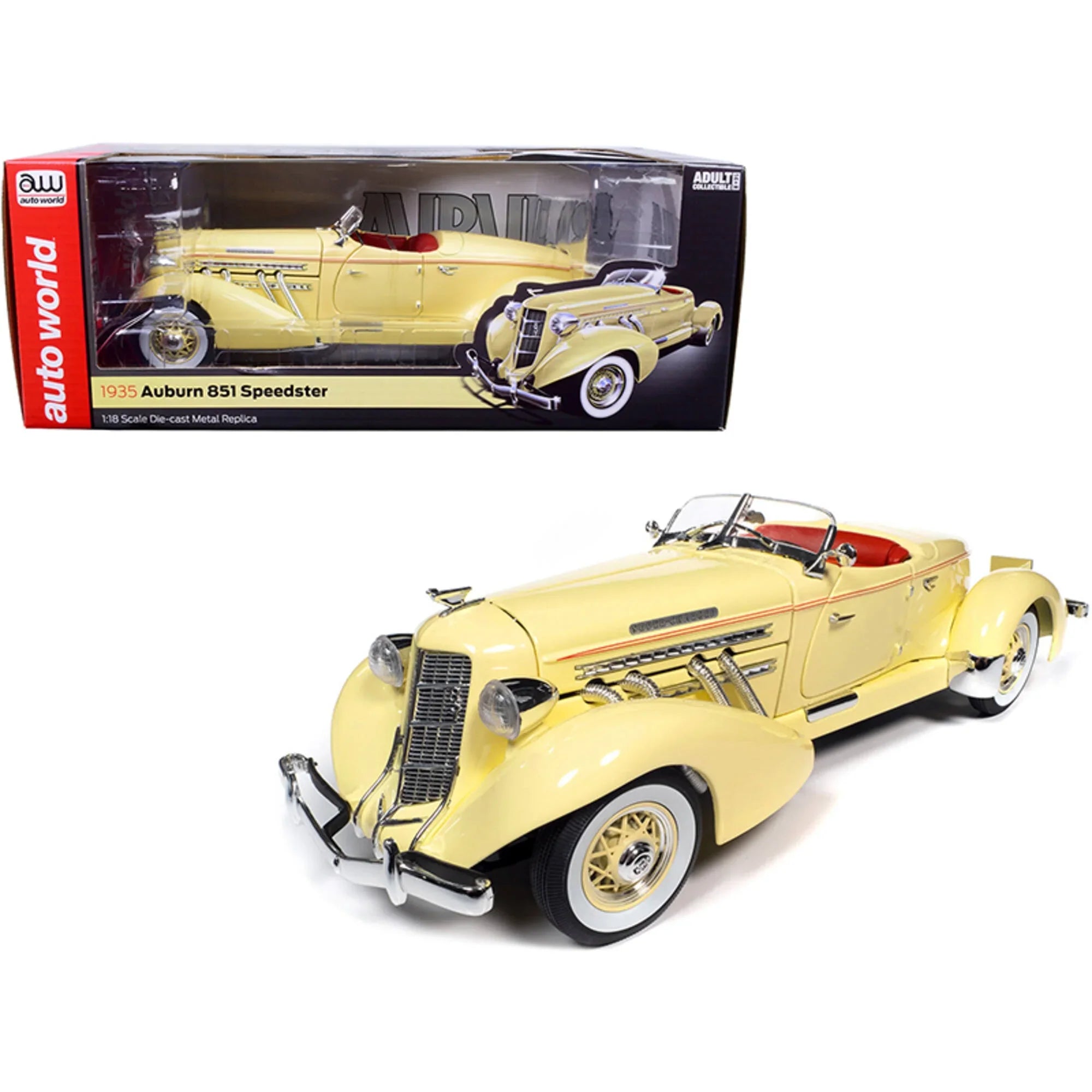 Autoworld AW297 1-18 Diecast 1935 Auburn 851 Speedster Model Car, Cream with Red