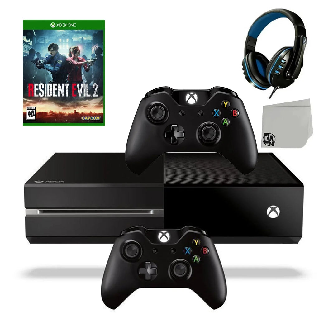Xbox One Original 500GB Gaming Console Black Headset 2 Controller Included WithResident Evil 2 Game BOLT AXTION Bundle Like New