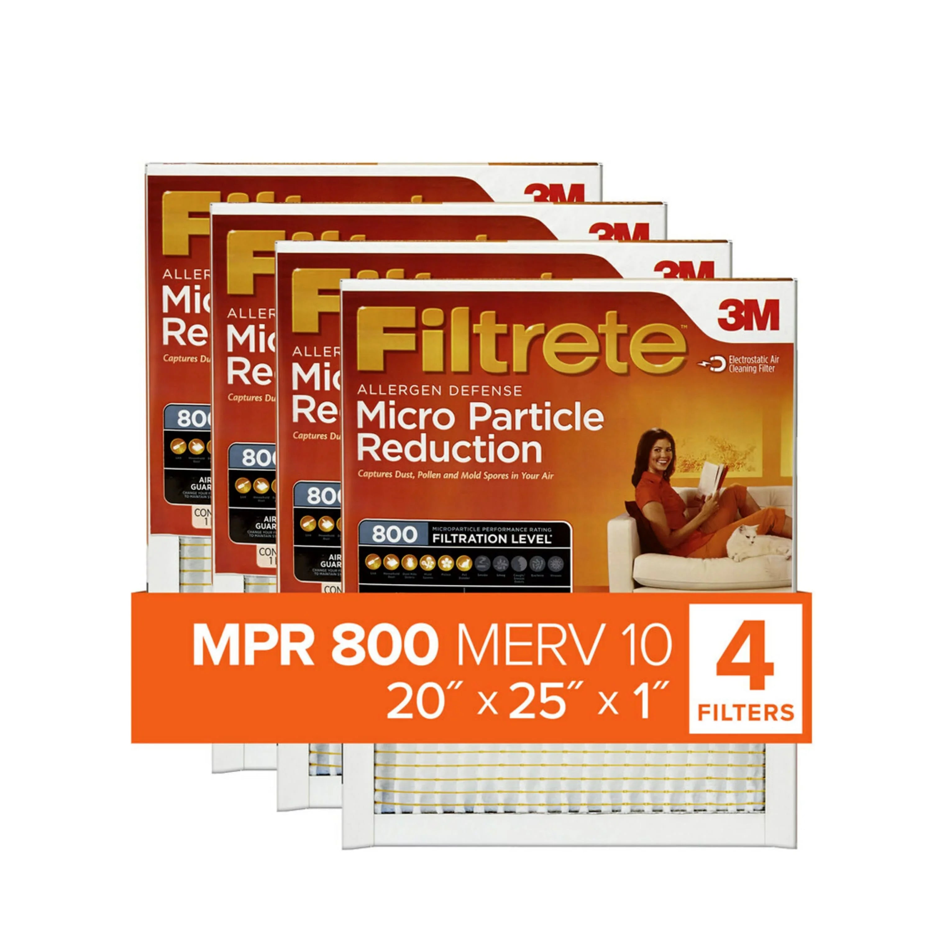Filtrete 20x25x1, MERV 10, Micro Particle Reduction HVAC Furnace Air Filter, 800 MPR, 4 Filters