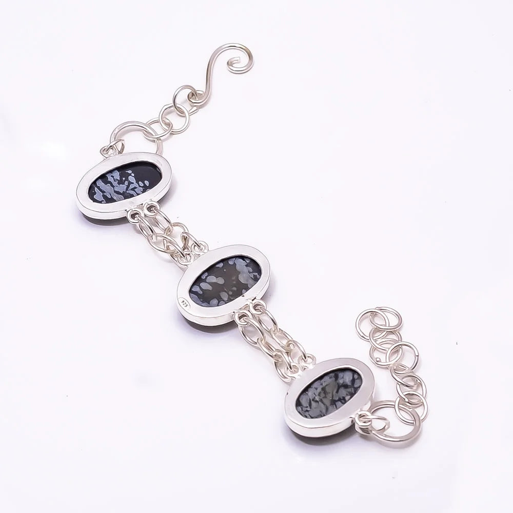 Snowflake Obsidian -Utah 925 Silver PLatitudeed Adjustable Bracelet 7.99", Black Snowflake Obsidian Bracelet B_9205_388_14