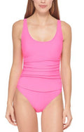 DKNY NEON PINK Ruched Mesh-Contrast One-Piece Swimsuit, US 10