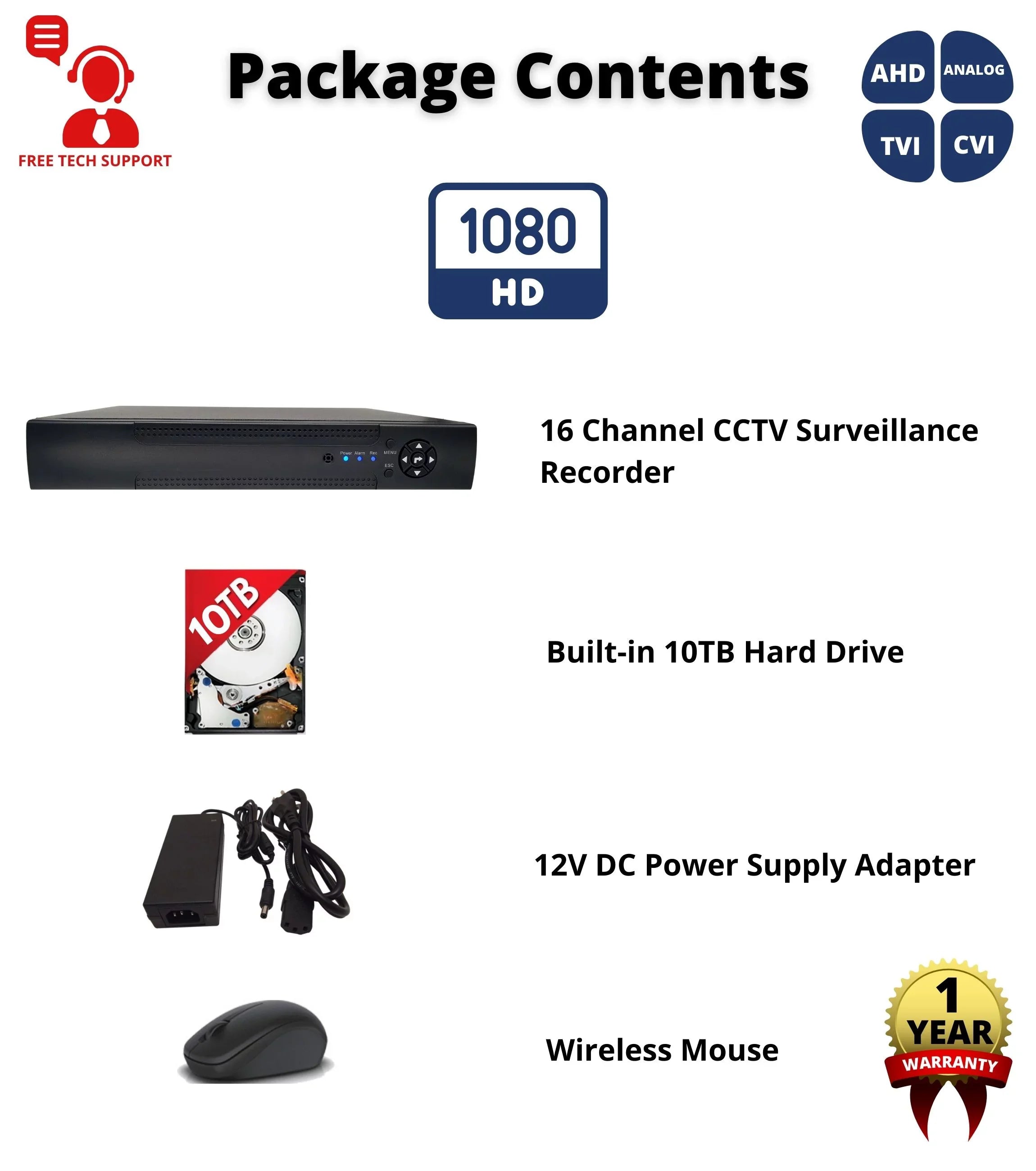 Evertech 16 Channel H.265 Hybrid 4-in-1(TVI/AHD/CVI/CVBS) CCTV DVR with 10TB Hard Drive Surveillance Camera Recorder, Easy Remote Access, Motion Detection & Emile Alerts