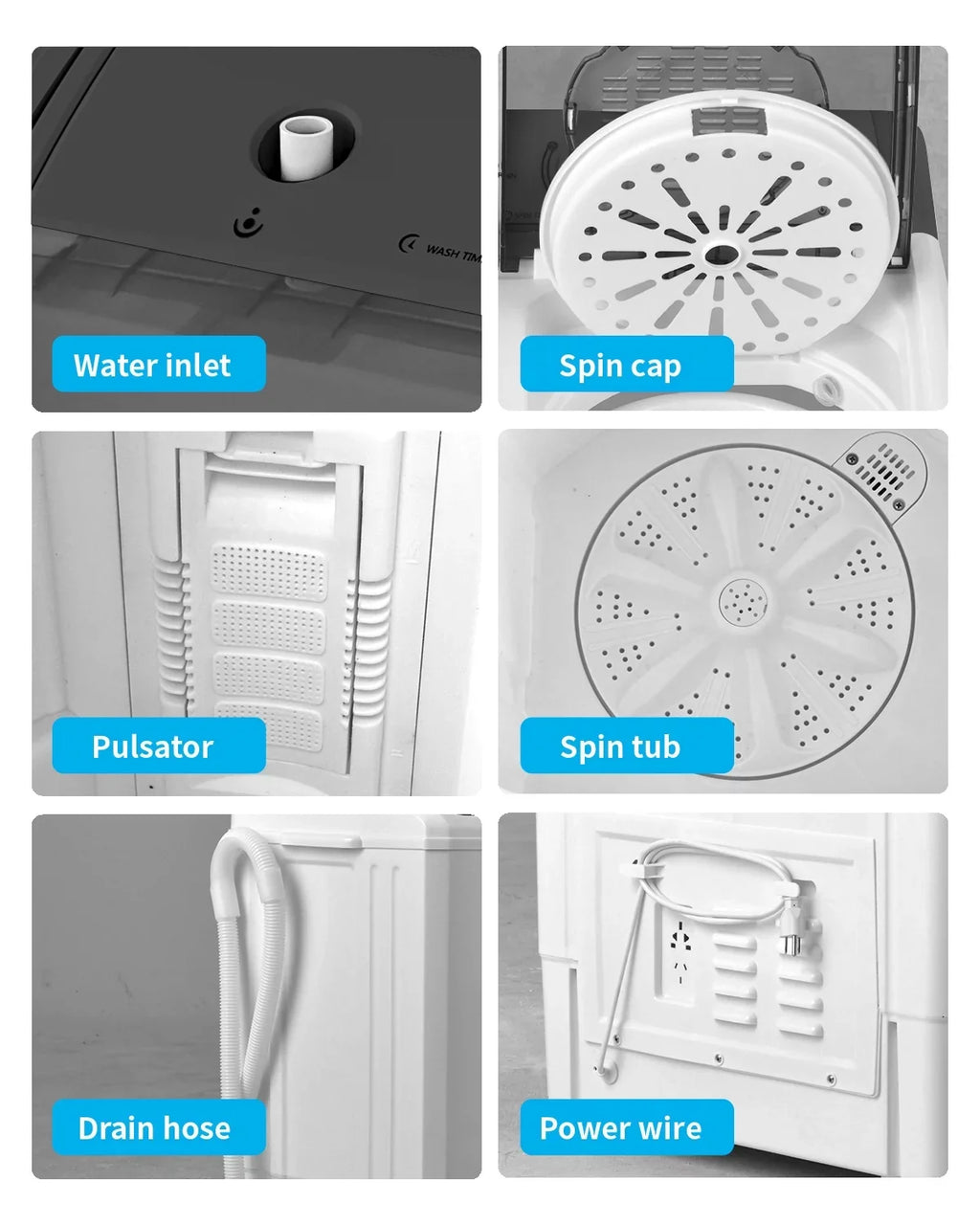 BMTBUY Twin Tub with Built-in Drain Pump XPB65-2288S 26Lbs Semi-automatic Twin Tube Washing Machine for Apartment, Dorms, RVs, Camping and More, White & Grey