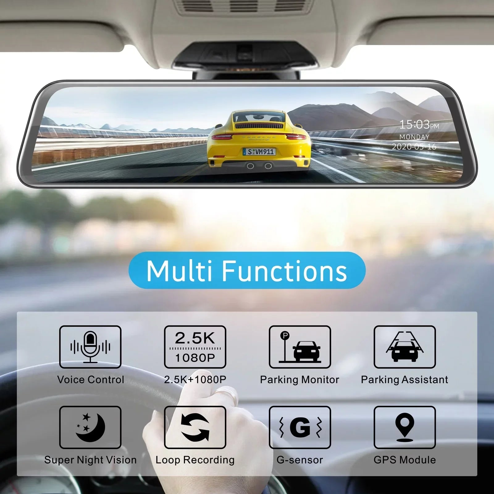 TOGUARD 2.5K Mirror Dash Cam with Voice Control GPS, 12" Wireless Rear View Mirror with Night Vision Waterproof Backup Camera, Front and Rear Dash Cam w/Anti-Glare, Touch Screen, Emergency Lock, Parki