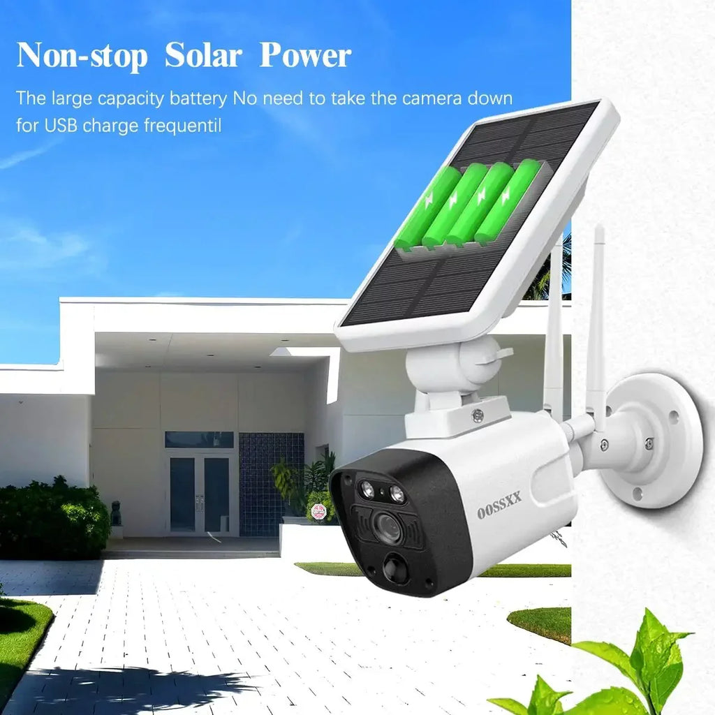 {100% Wire-Free Solar Powered} 2pcs camera system, 2-Way Audio with Dual Antennas, 2K 3.0MP Solar Powered Wireless Camera with Rechargeable Batteries
