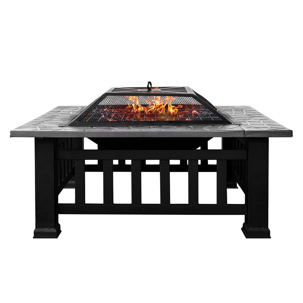 Kmowoo Multifunctional Fire Pit Table 32in 3 in 1 Metal Square Patio Firepit Table BBQ Garden Stove with Spark Screen, Cover, Log Grate and Poker