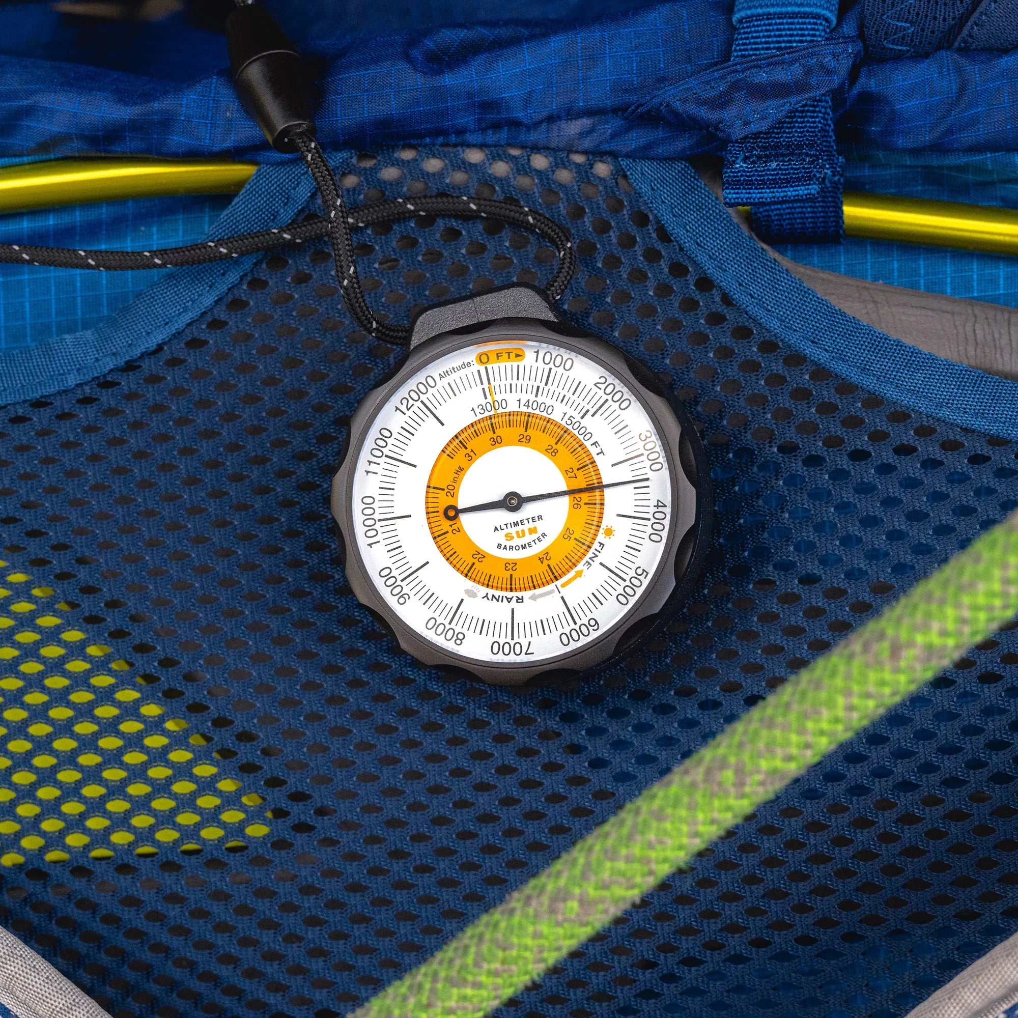 Sun Company Ascent Altimeter - Battery-Free Altimeter and Barometer | Weather-Trend Indicator with Rugged Aluminum Case and Reflective Lanyard | Reads Altitude from 0 to 15,000 Feet