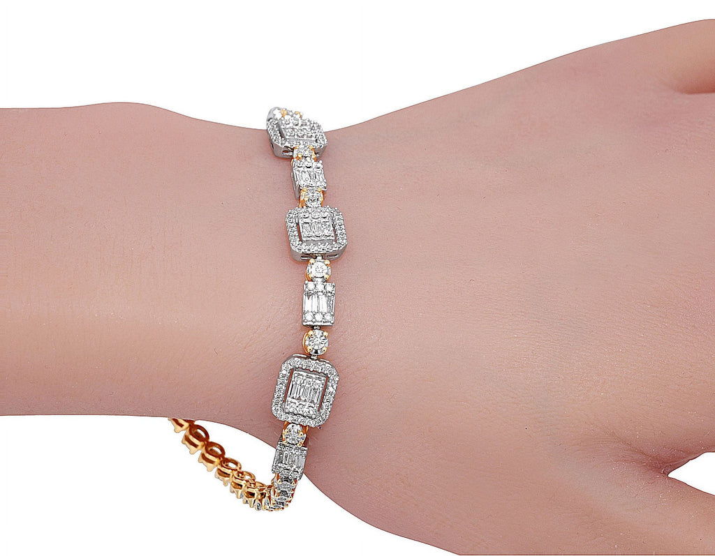Baguette Cluster Halo 1.30 CT Diamond Illusion n Toni Set Bracelet Yellow-White Gold 3MM 7"