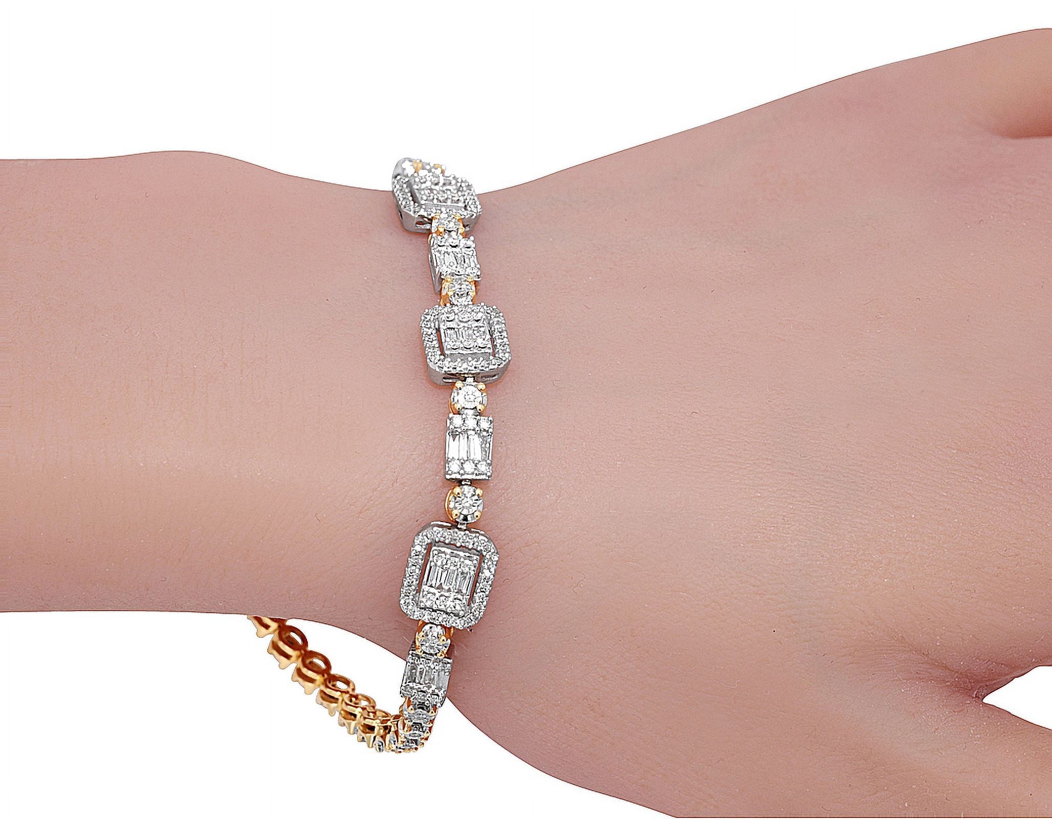 Baguette Cluster Halo 1.30 CT Diamond Illusion n Toni Set Bracelet Yellow-White Gold 3MM 7"