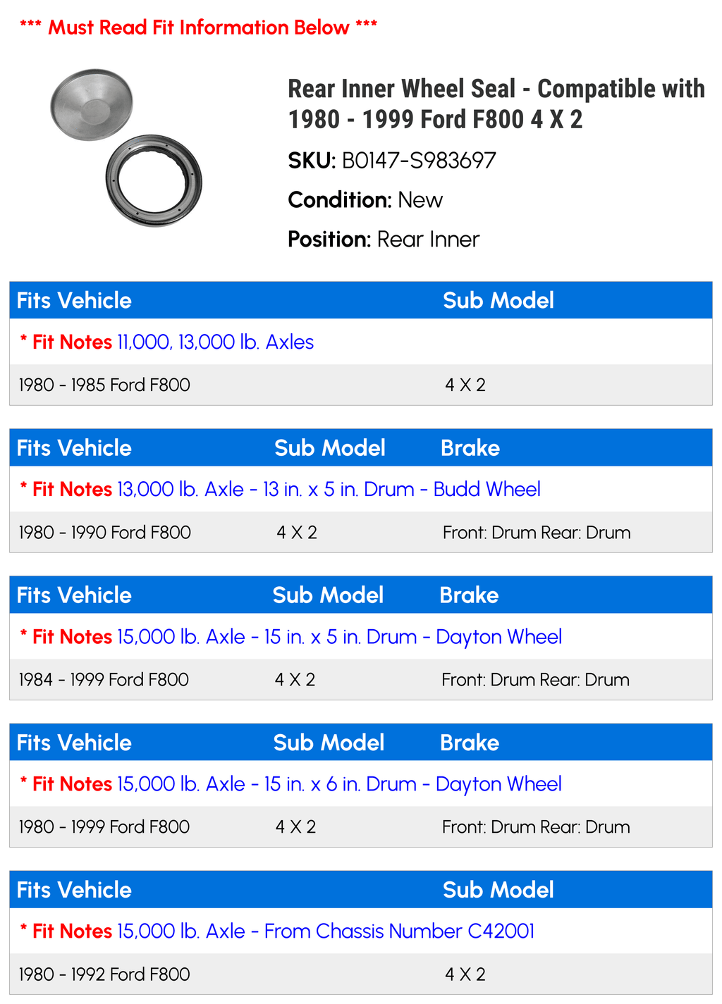 Rear Inner Wheel Seal - Compatible with 1980 - 1999 Ford F800 4 X 2 1981 1982 1983 1984 1985 1986 1987 1988 1989 1990 1991 1992 1993 1994 1995 1996 1997 1998