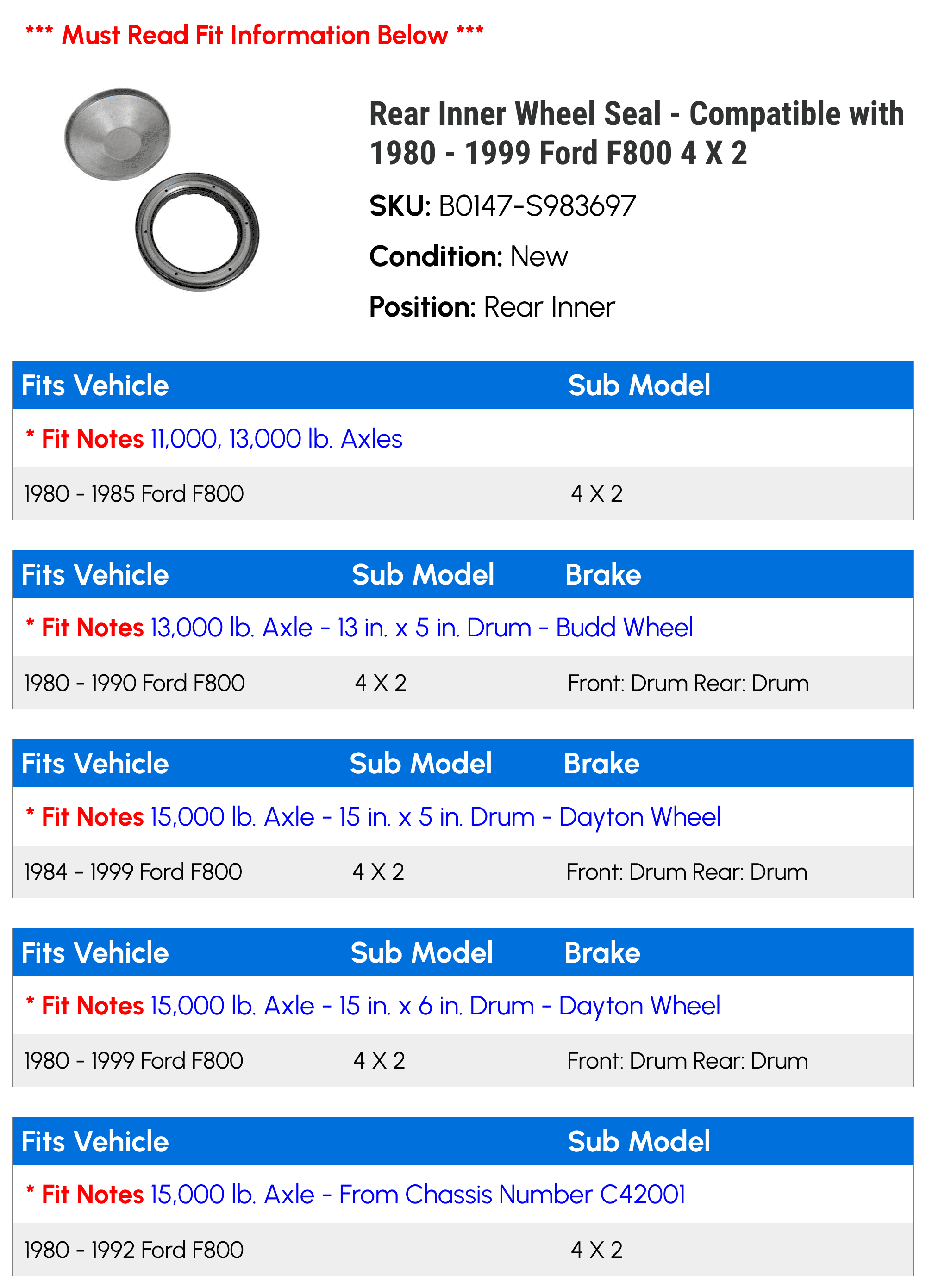 Rear Inner Wheel Seal - Compatible with 1980 - 1999 Ford F800 4 X 2 1981 1982 1983 1984 1985 1986 1987 1988 1989 1990 1991 1992 1993 1994 1995 1996 1997 1998