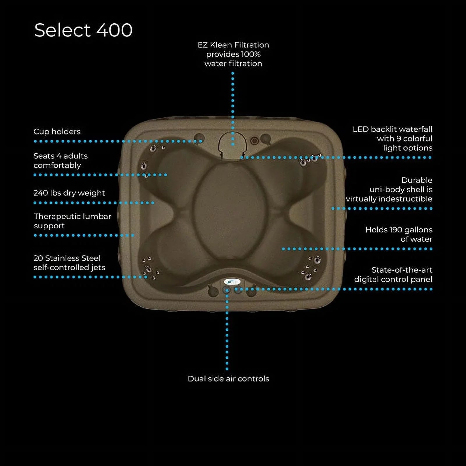 Aquarest Spas Powered By Jacuzzi® AR-400 Select 4- Person 20 - Jet- Plug and Play Hot Tub w/LED waterfall - Brownstone