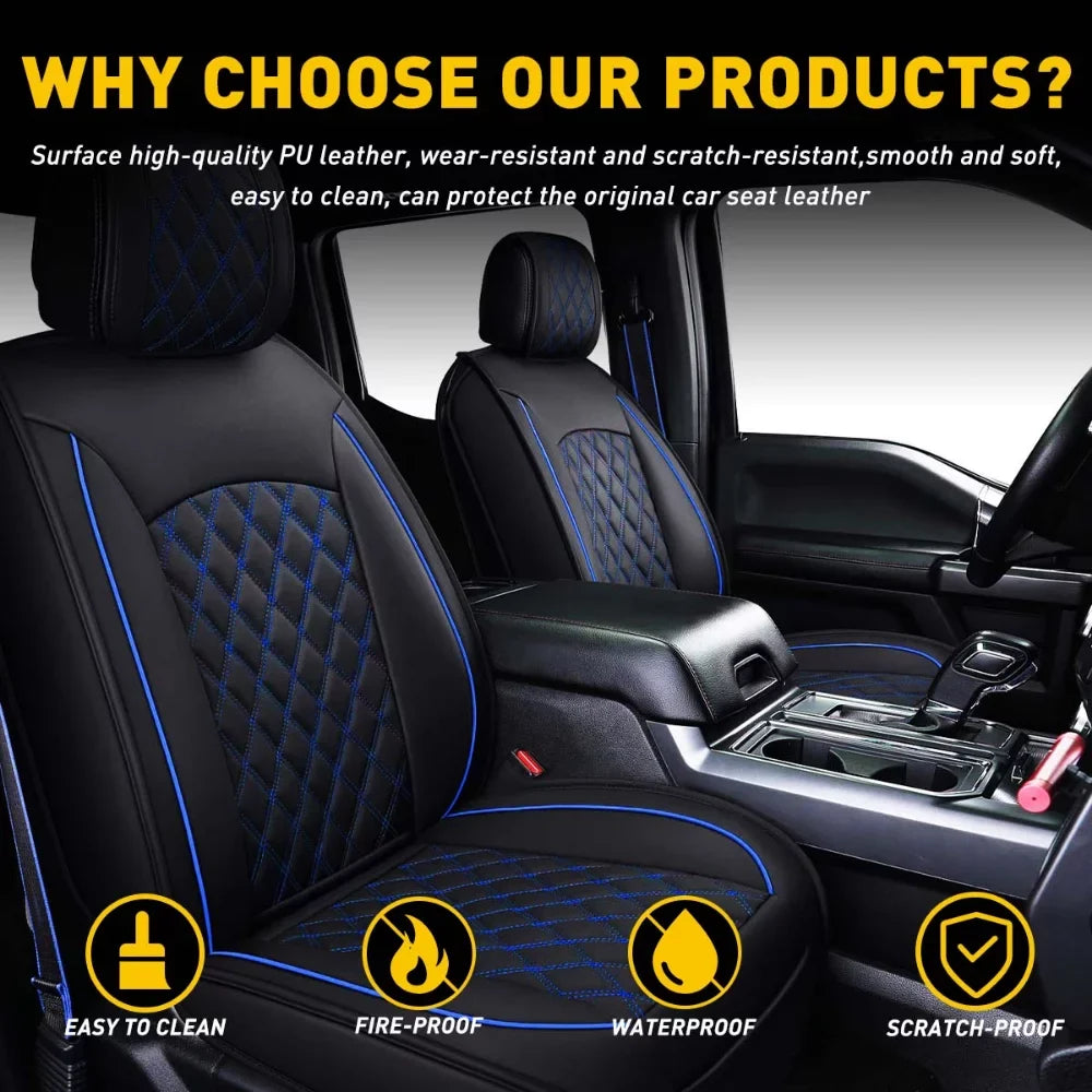 Car Seat Covers Full Set with Waterproof Leather Fit for 2009 to 2023 Ford F150 and 2017 to 2023 F250 F350 F450,Double,Extended Cab or Pickup Truck(Full Set, Black-Blue)