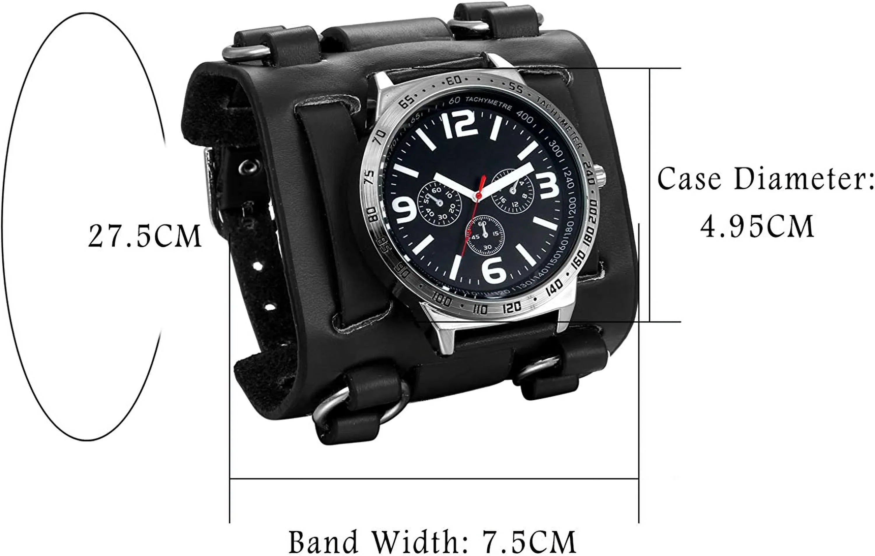 Mens Steampunk Retro Genuine Leather Replaceable Watch Military Japan Quartz Hip-hop Gothic Wide Bracelet Cuff Big Black Dial Sport Wrist Watches Costume Watch for Halloween