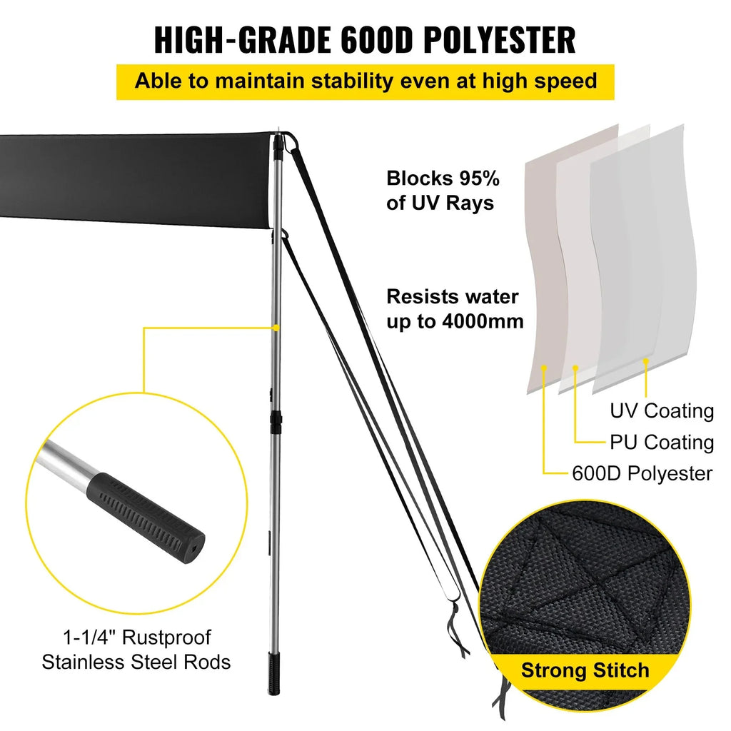 VEVOR 5'x5' UV-Proof T-Top Sun Shade Kit - 600D Polyester with Rustproof Telescopic Steel Poles, Waterproof, Easy Assembly for T-Tops & Bimini Tops