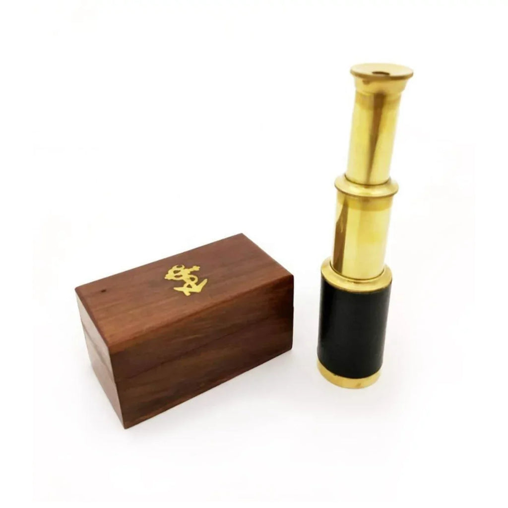 Small Brass Telescope with Pullout Wooden Box Gold and Brown - Saltoro Sherpi