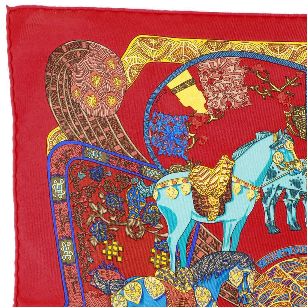 Pre-Owned Hermes Carré 45 ART des STEPPS Step Art Silk Red Women's Scarf (Like New)