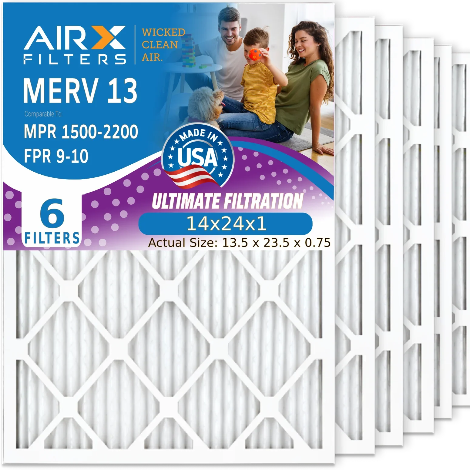 14x24x1 Air Filter MERV 13 Comparable to MPR 1500 - 2200 & FPR 9 Electrostatic Pleated Air Conditioner Filter 6 Pack HVAC AC Premium USA Made 14x24x1 Furnace Filters by AIRX FILTERS WICKED CLEAN AIR.