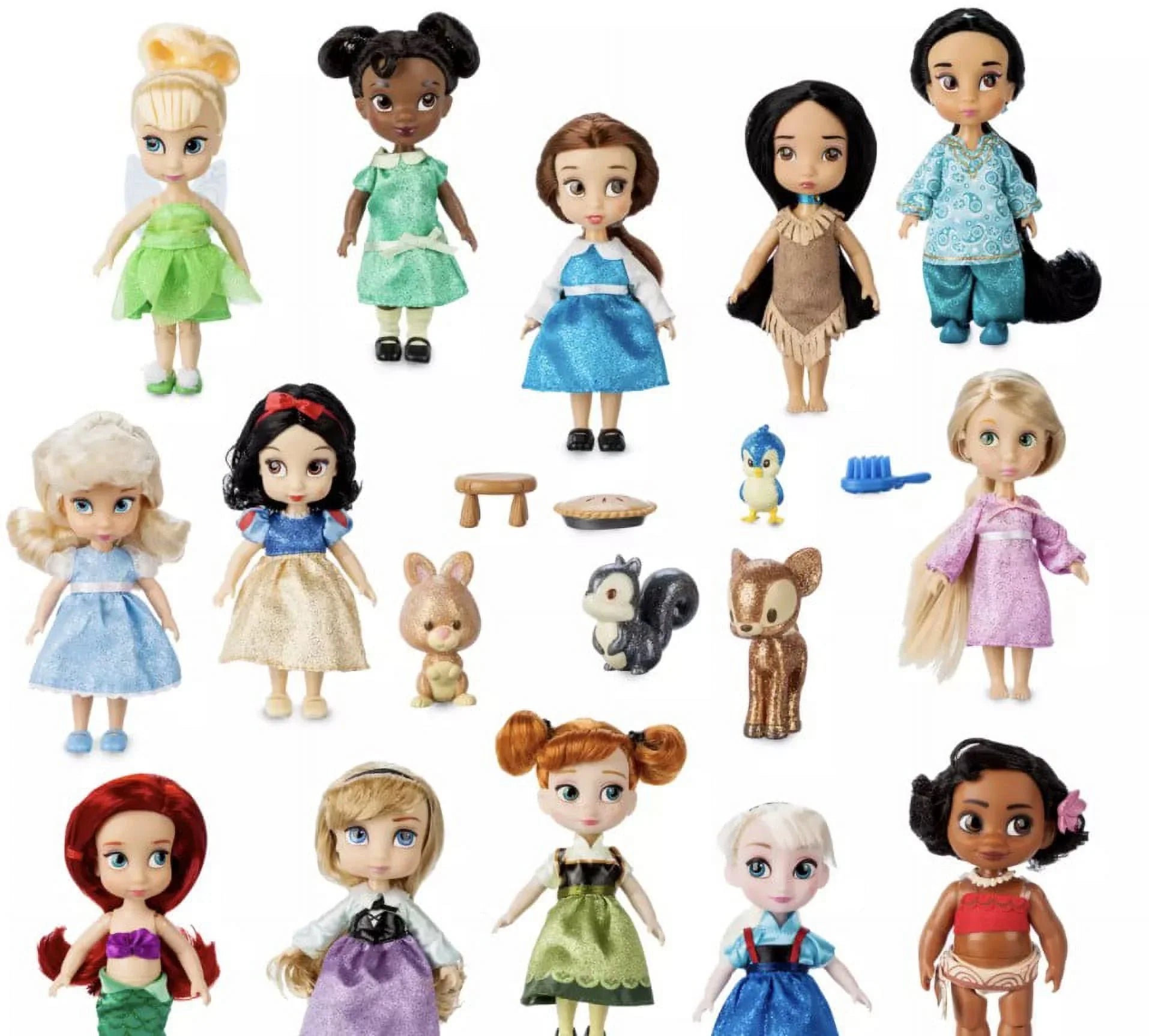 Disney Animators' Collection Mini Doll Gift Set  5'' NEW 2021 EDITION With Tinker Bell, Tiana, Belle, Pocahontas, Jasmine, Cinderella, Snow White, Rapunzel, Ariel, Aurora, Anna, Elsa, and Moana